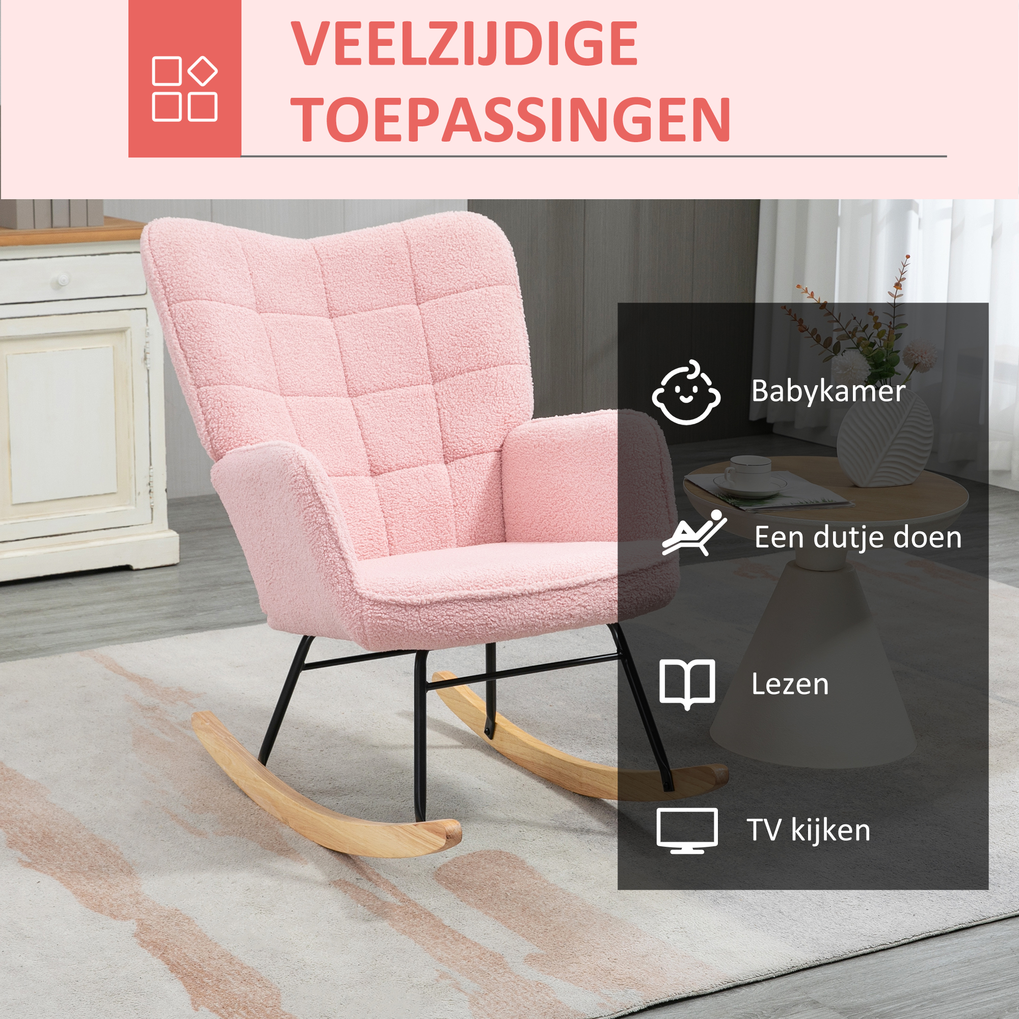Schommelstoel in retro design, relaxfauteuil, massief hout, roze