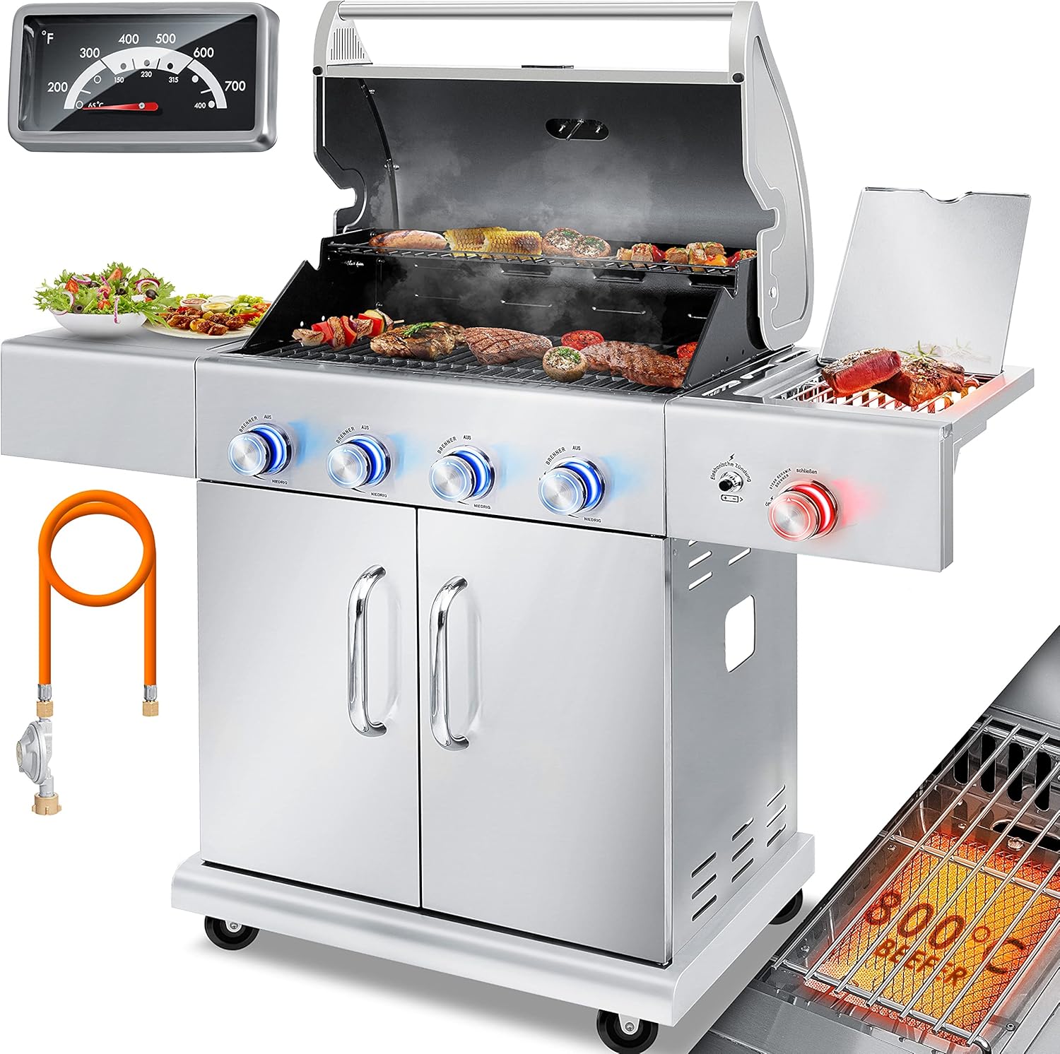 KESSER® Gasgrill mit 4 Brenner + 1x Infrarot Keramik Seitenbrenner & Piezo-Zündung | bis 800°C BBQ Grillwagen aus Edelstahl inkl. Grillrost (66cm) aus Gusseisen, Grillthermometer & Gas-Schlauch