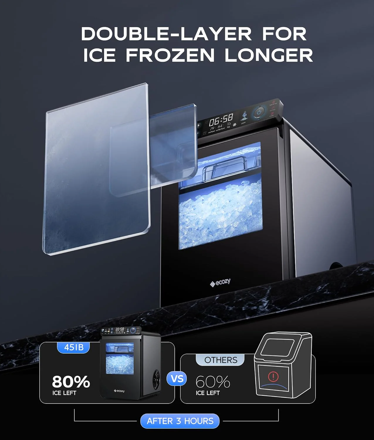 Nugget Ice Maker Countertop, Smart Pebble Ice Machine with APP Control, 44 lbs/24H Soft Pellet Chewable Ice with Self-Cleaning, Stainless Steel.