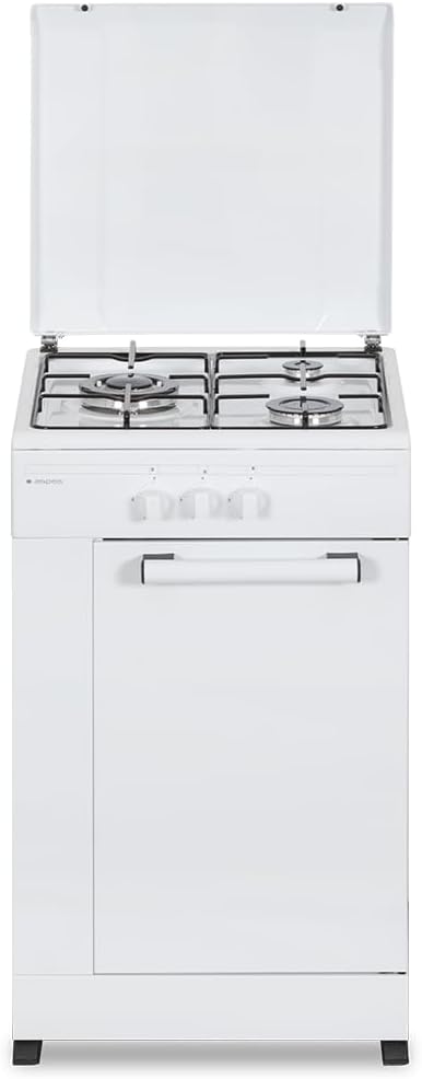 Aspes Cocina Gas Butano 3 Zonas de Cocción, Blanco AKG3500PB. Control Manual, Quemador WOK triple llama, Compartimento Bombona, Tapa Abatible