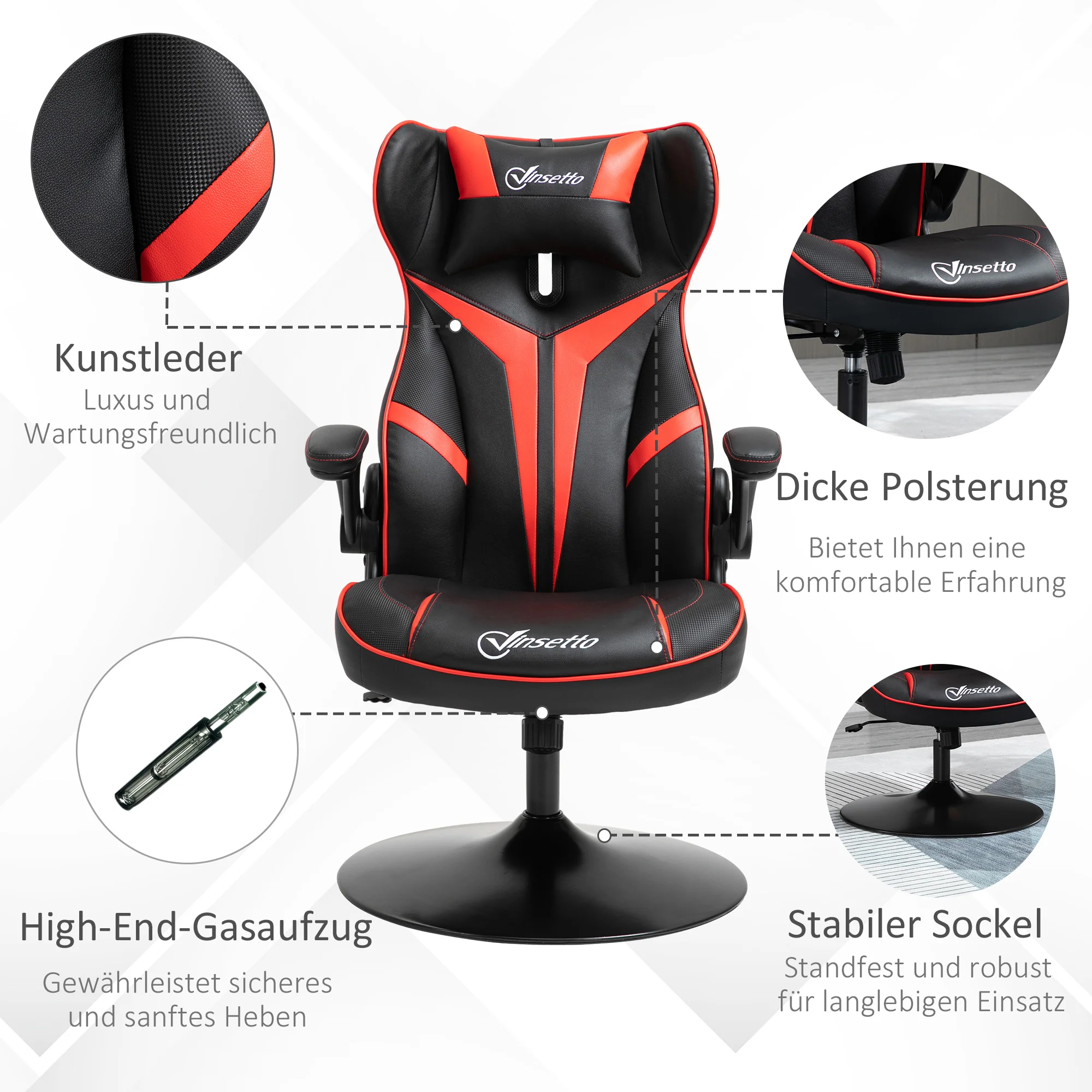 Vinsetto gamestoel ergonomische computerstoel met kantelfunctie draaistoel in hoogte verstelbaar staal zwart + rood 67 x 75 x 106-112 cm