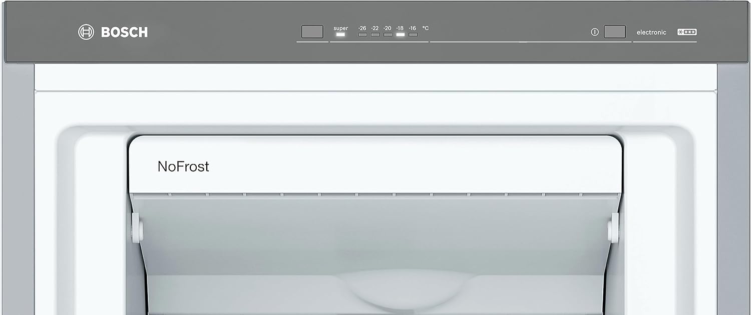 Bosch GSN36VLEP, Serie 4, Freistehender Gefrierschrank, 186 x 60 cm, 242 L, 234 kWh pro Jahr, NoFrost, BigBox Schublade für großes Gefriergut, Vario Zone - Flexibler Gefrierraum, Metall-Optik