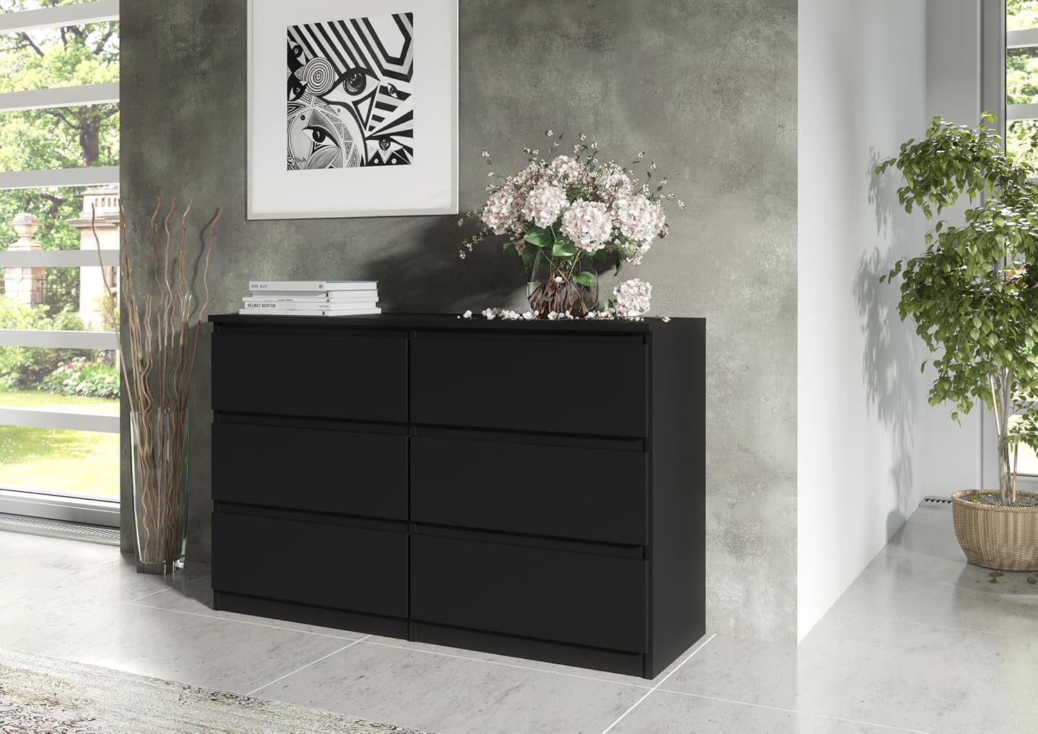 meble masztalerz Kommode 120 cm Breit - Modernes Sideboard - Schrank mit 6 Schubladen - Schubladenschrank - Kommodenschrank für Wohnzimmer, Flur, Schlafzimmer - Schwarz 120x78,5x39 cm