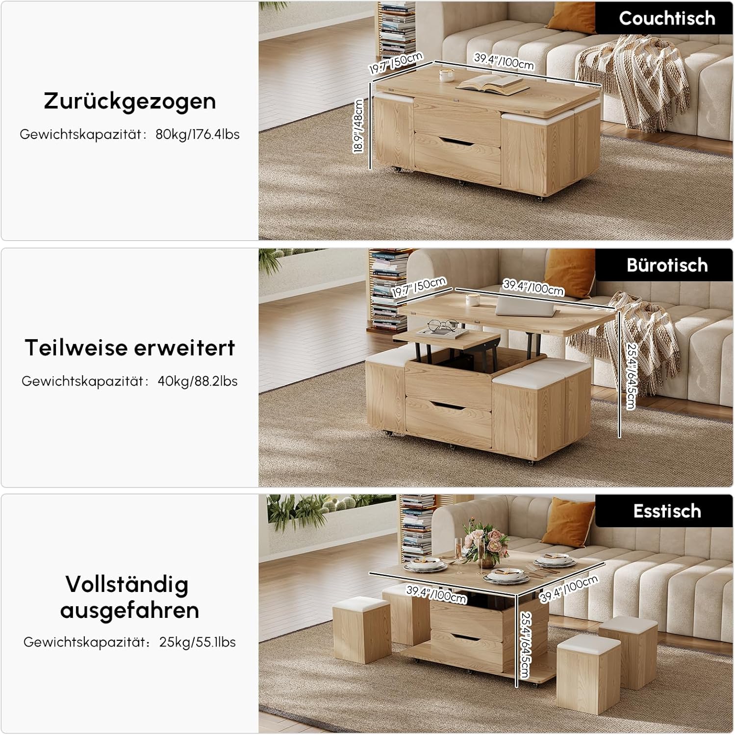 Homary Höhenverstellbarer Couchtisch mit Stauraum und 4 Hockern & Rollen – Multifunktionaler Wohnzimmertisch für kleine Räume