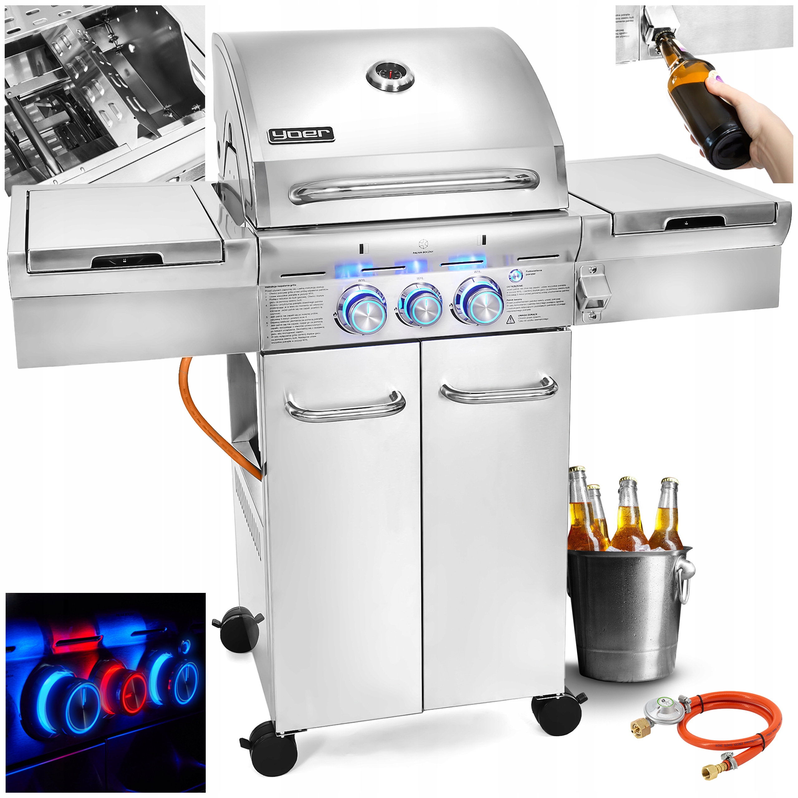 Grill gazowy Ogrodowy ŻELIWNY nierdzewny Yoer 2+1 +10,15 kW +szafa na butlę