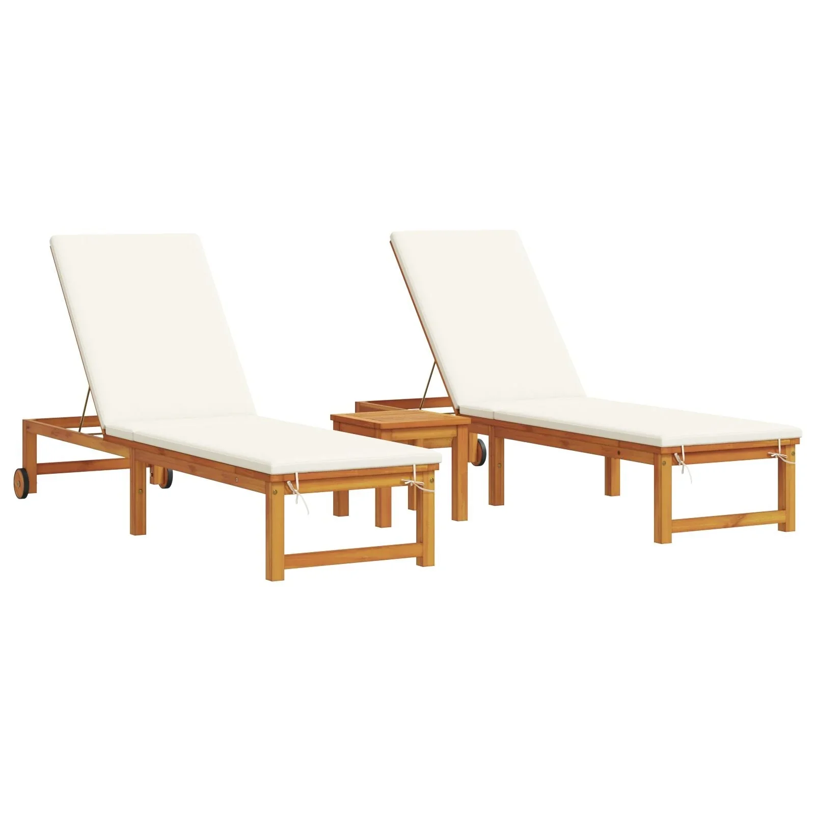 2025 Tumbonas 2 pcs con Mesa y Cojines de Madera Maciza de Acacia, Tumbona con Cojines Crema de Madera Maciza de Acacia, Mesa Lateral de Jardín 35x35x34 cm de Madera Maciza de Acacia V8526