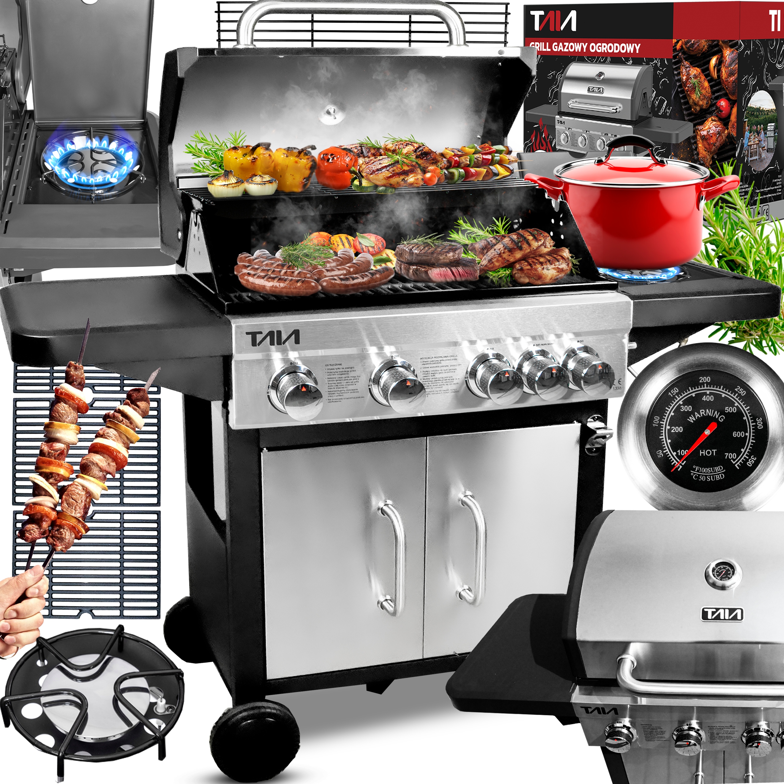 WIELKI GRILL GAZOWY NIERDZEWNY DUŻY RUSZT ŻELIWNY 17,1kW TERMOMETR 10W1