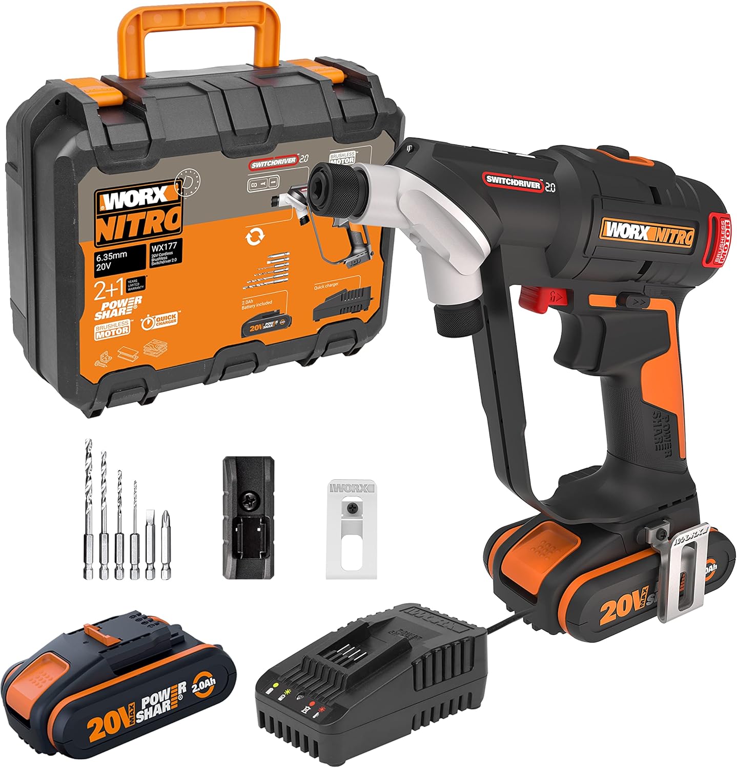 WORX WX177 NITRO Akku-Bohrschrauber Switchdriver 2.0 20V – starker bürstenloser Motor bis 50Nm Drehmoment – schneller Wechsel zwischen 2 Bits – präzise Drehmomentsteuerung – inkl. Akkus & Ladegerät