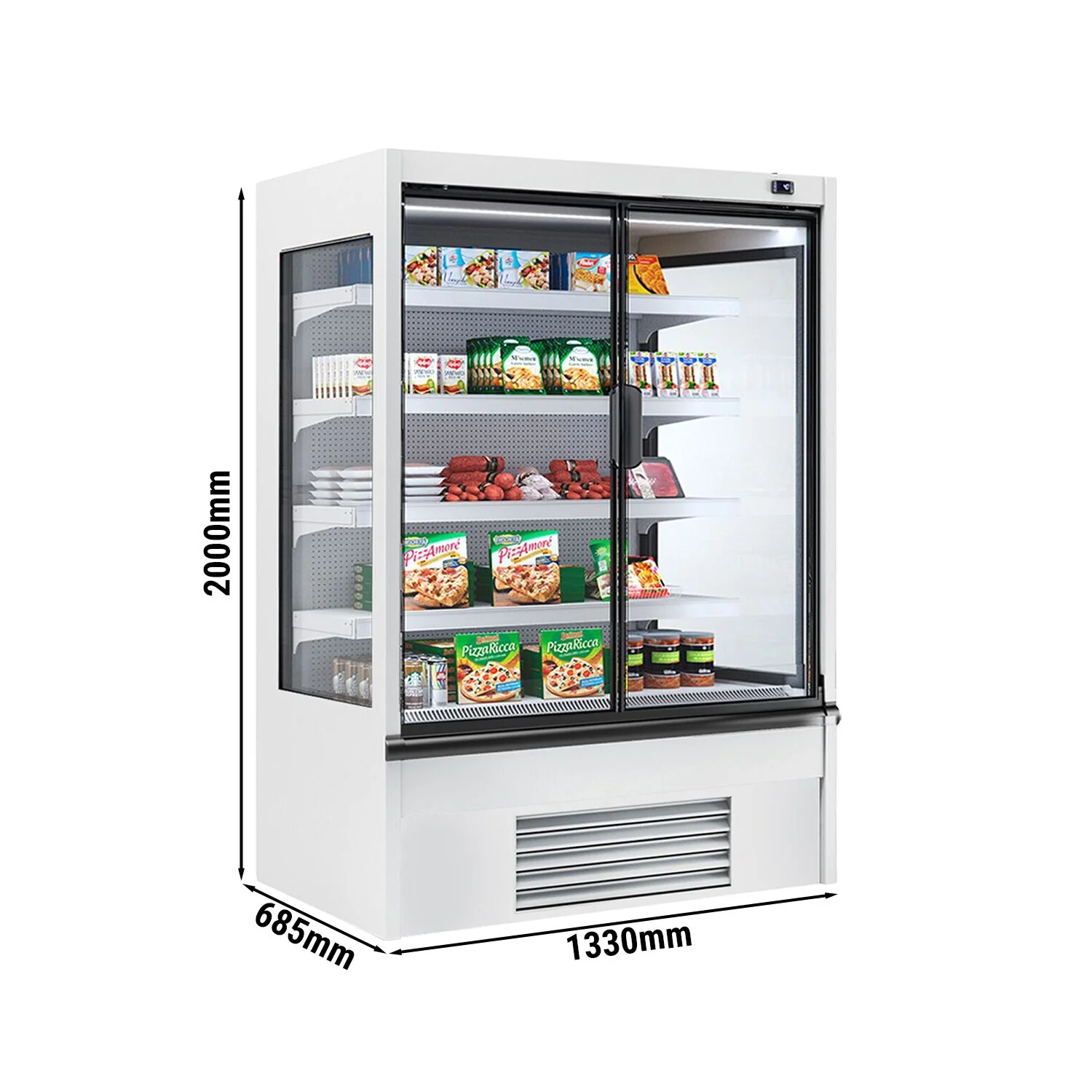 Kjølereol - 1 330 mm - 455 l - +2 °C til +4 °C - med 2 hengslede glassdører, med dobbelt isolerglass & 4 hyller - hvit