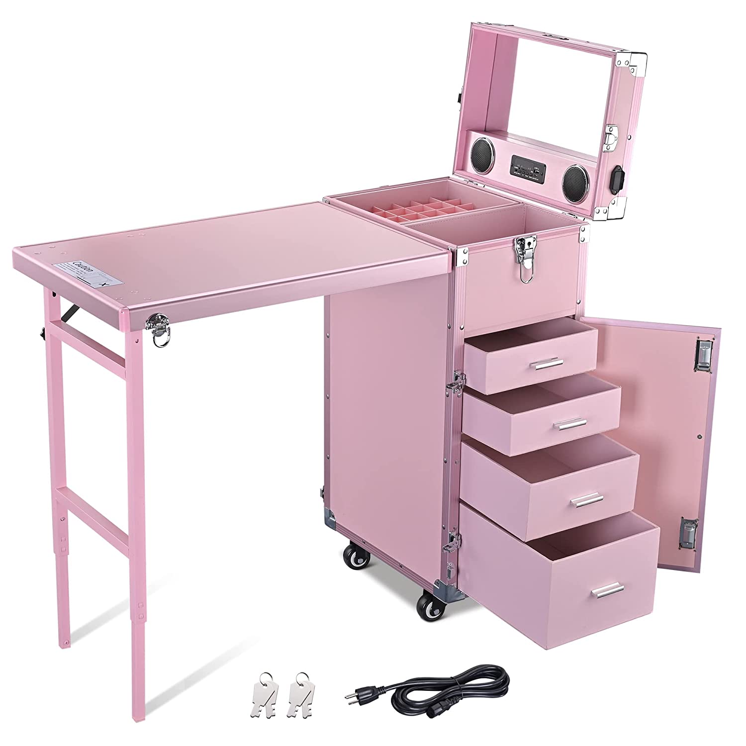 Byootique Portable Nail Desk & Makeup Station with Mirror, 4 Drawers, Bluetooth, USB, Pink