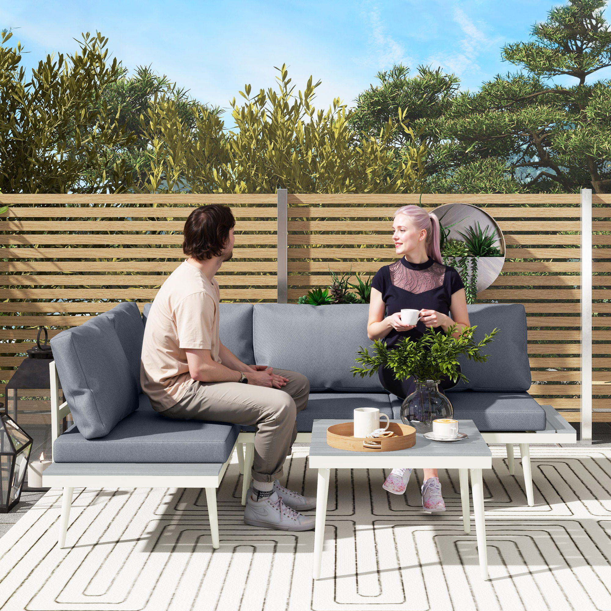 Tuinmeubelset voor 4 Personen Waterbestendig Balkonset met 2-zits Sofa, Kussens, Bijzettafel Staal Grijs