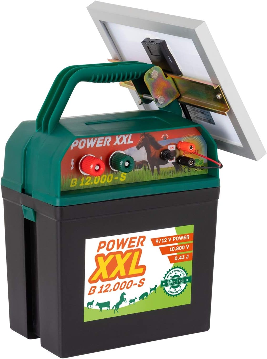VOSS Power XXL B 12.000-S, 10.800V Starkes Solar-Weidezaungerät 9V 12V, inkl. 55Ah Batterie und Warnschild, Hocheffektives Solarmodul, Für Pferde, Ponys, Hund, Katze, Reiher, Rind, Schwein