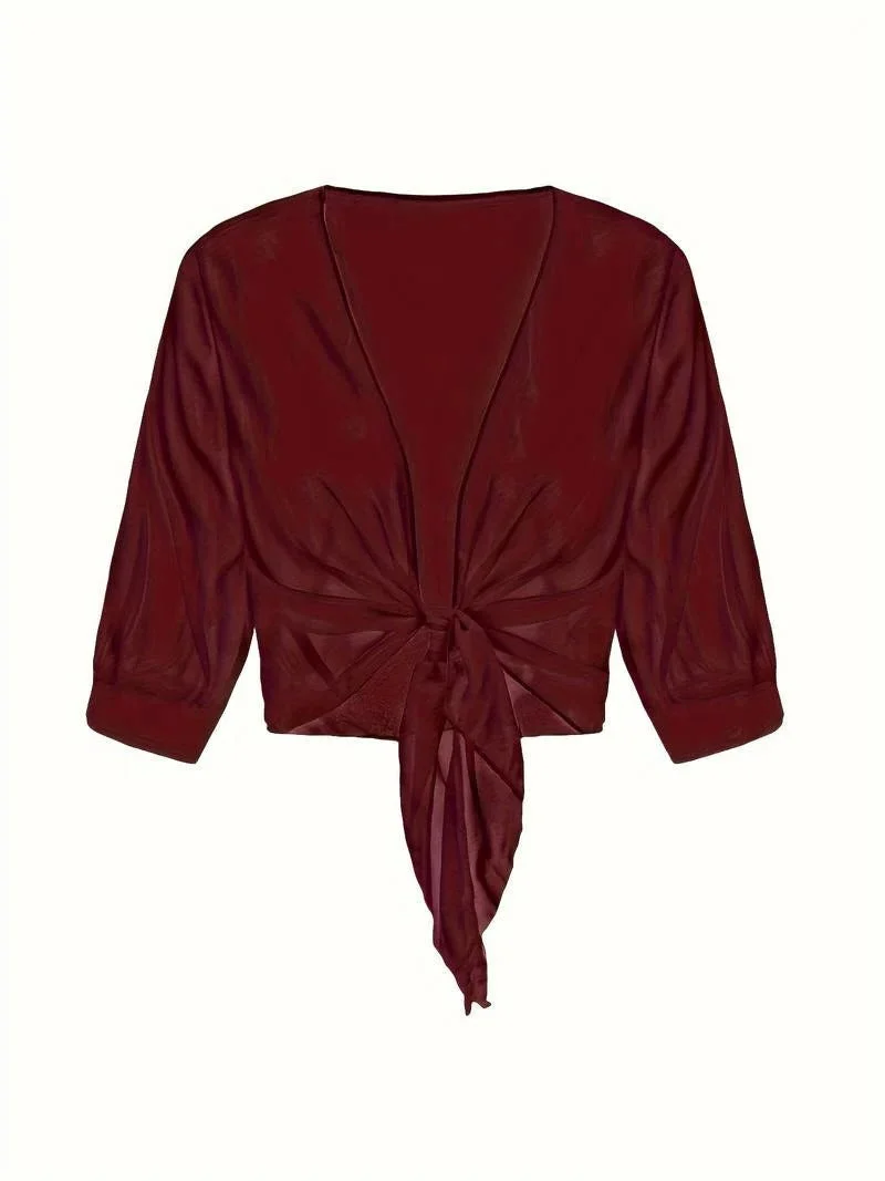 Transparente Damen-Bluse mit Bindeknoten und 3/4-?rmeln