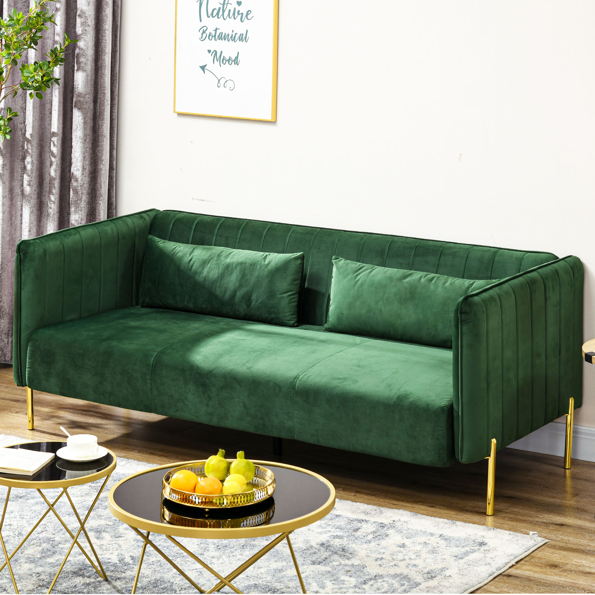 3-zitsbank, inclusief 2 kussens, fluwelen look, retro design, afneembare hoes, 195 cm x 88 cm x 76 cm groen