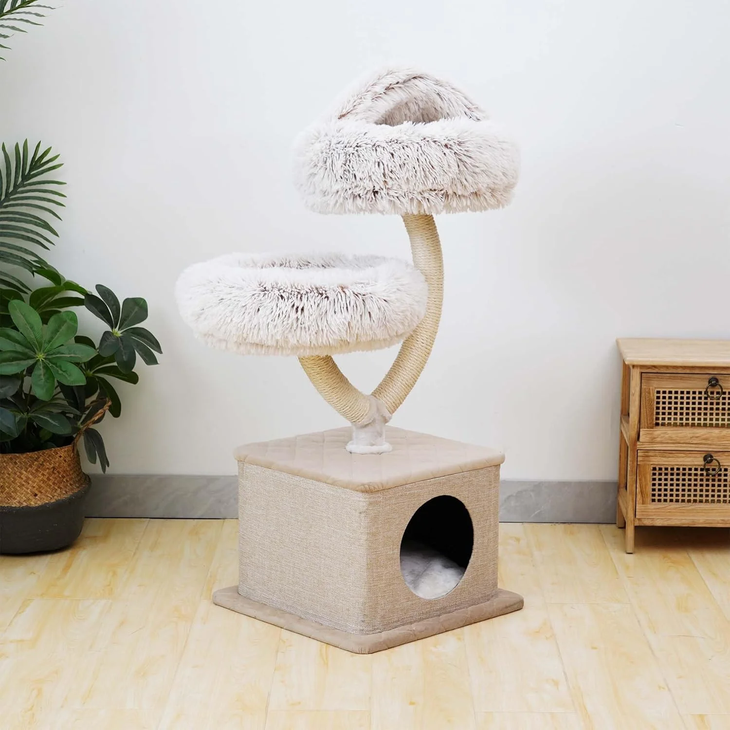 Fudajo Designer Krabpaal in Takontwerp 130 cm hoog, Kattenkrabpaal met Pluche en Sisal, Klimboom voor Katten, Kattenboom met Hanggemat