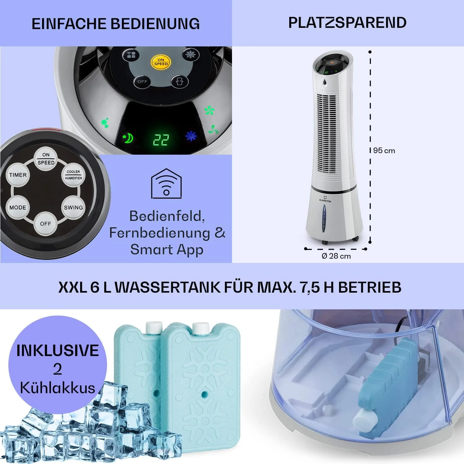 Klarstein 4-in-1: Slimme luchtkoeler, ventilator, luchtbevochtiger & ionisatie I 6 L watertank, oscillatie, 30 W, 210 m3/u, timer I Klimaatregelaar zonder afvoerslang, Mobiele airconditioner, Zwart-ros��goud