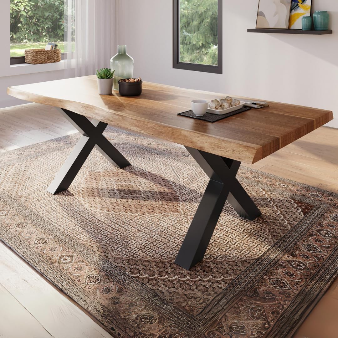 Esszimmertisch 200x100 cm, Akazienholz massiv, Tischplatte naturfarben, echte Baumkante, X-Gestell schwarz, Baumkantentisch