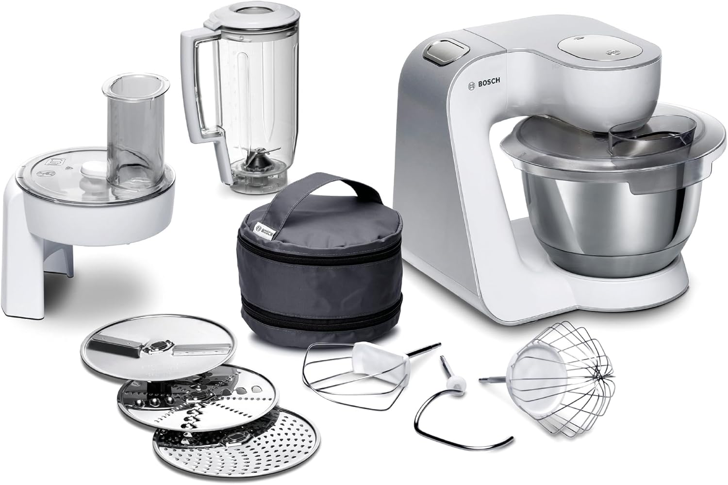 Bosch Küchenmaschine Serie 4 MUM58720,Edelstahl-Schüssel 3,9 L, Mixer 1,25 L, Planetenrührwerk,Knethaken,Schlag,Rührbesen, Durchlaufschnitzler, 3 Scheiben, 1000 W, Dunkelrot/Silber