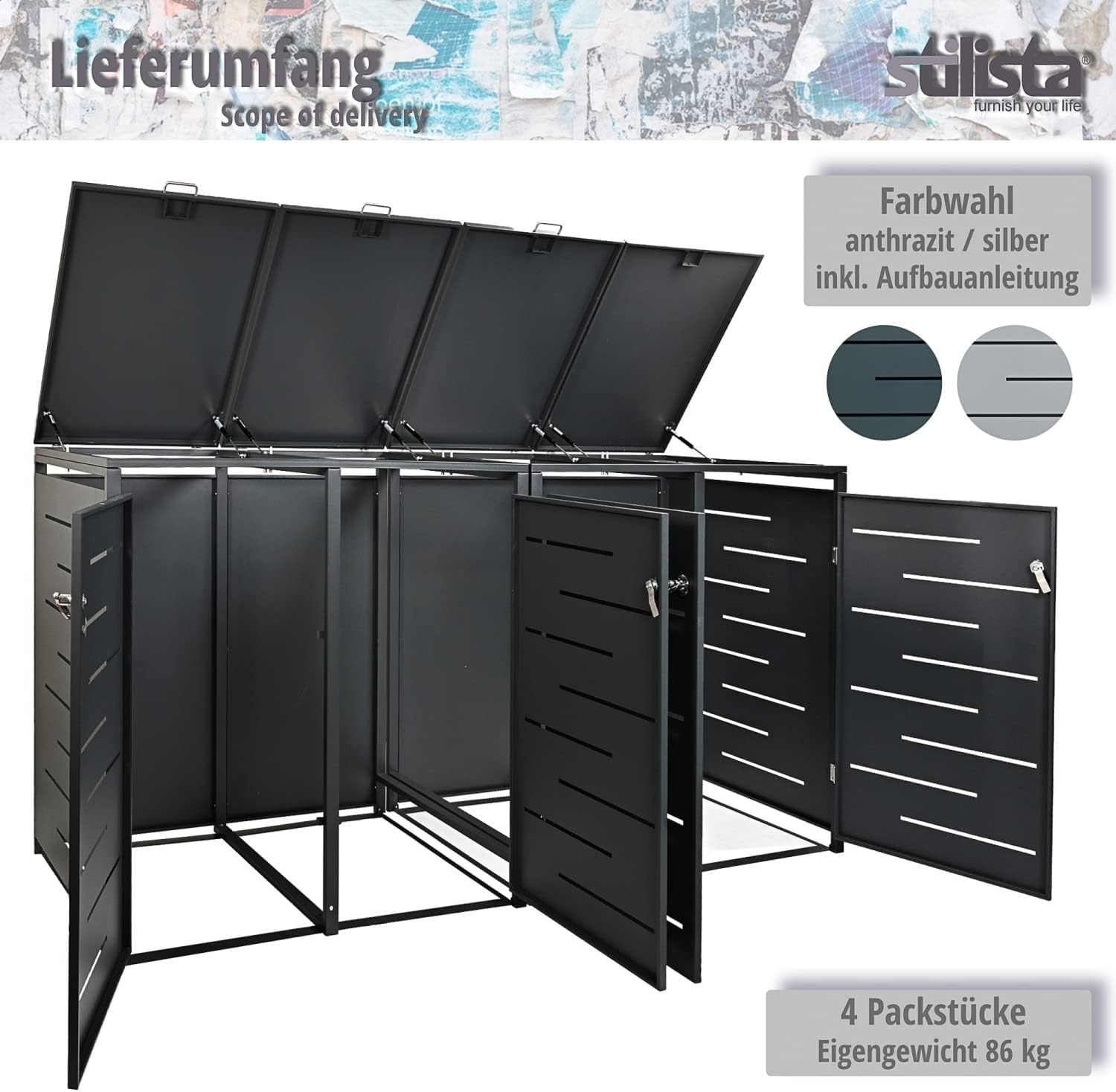 STILISTA Mülltonnenverkleidung aus Metall, für 4 Mülltonnen je 240 Liter, anthrazit