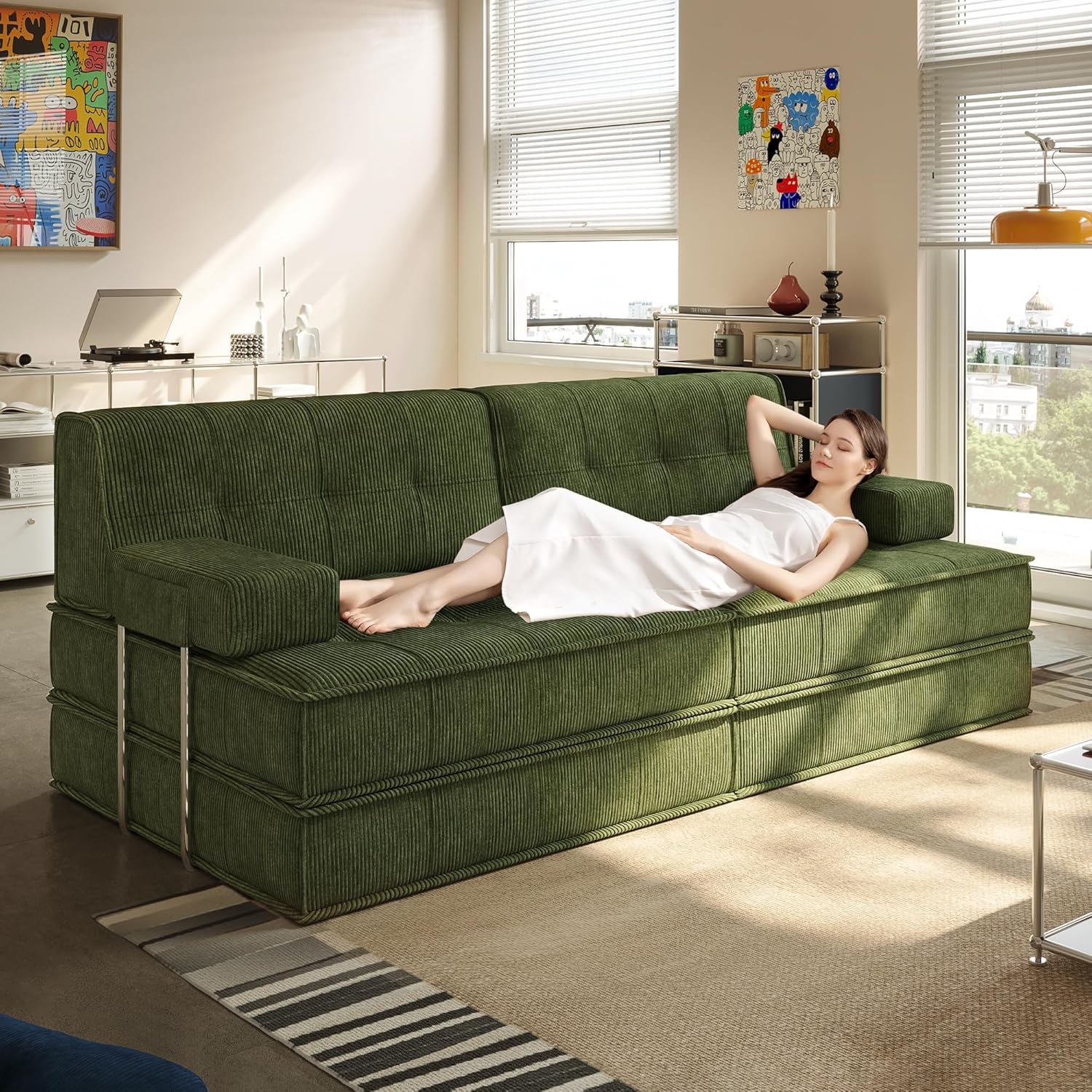 6 in 1 Schlafsofa 160x100cm,Klappbare Matratze 200x160cm mit festem Rahmen, bequemer ausklappbarer Futon, 4-Sitzer Gästesofa modularer Loveseat ohne Federkern für Wohnzimmer