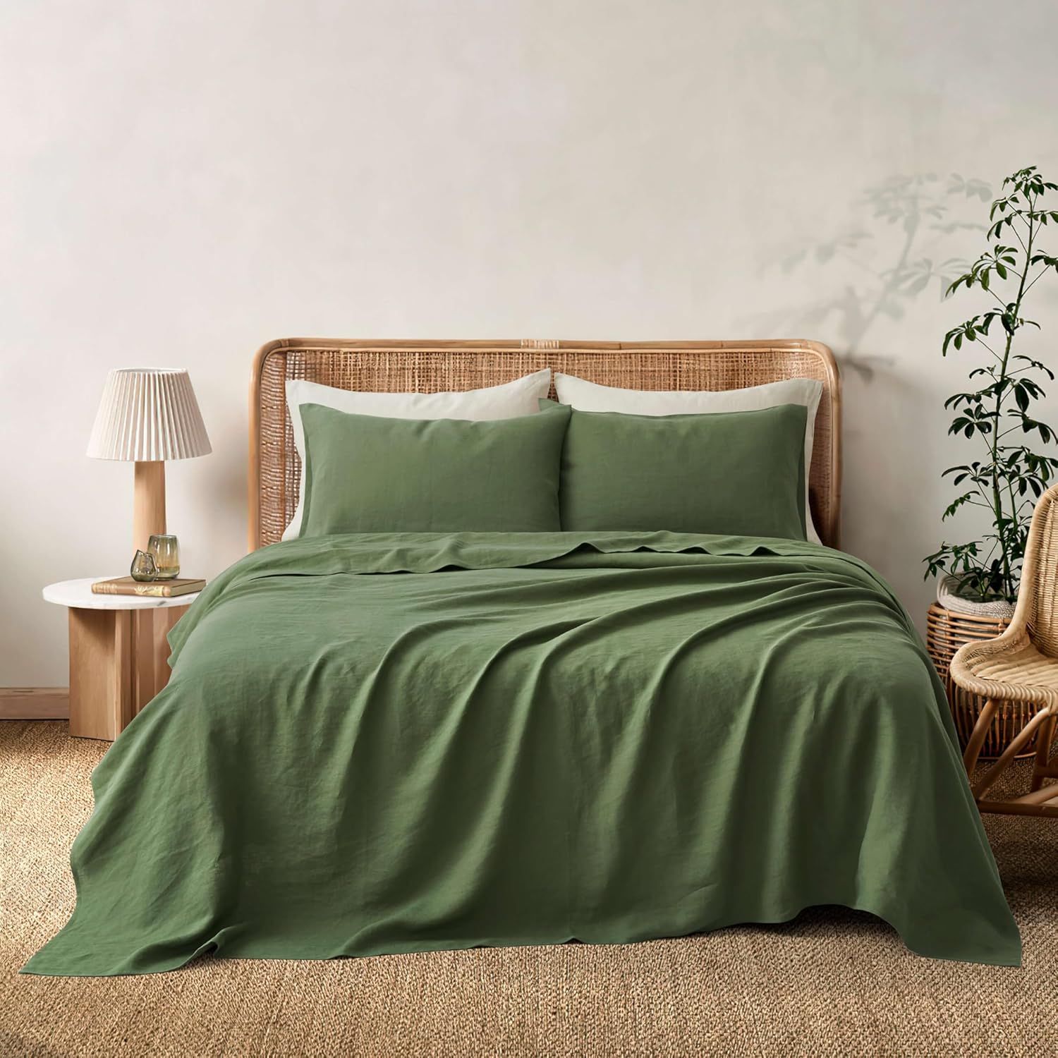 ATLINIA Stone Washed 100% Pure French Linen Bedding Set - Organic Boho Style with Deep Pocket Fitted Sheet, Flat Sheet, and 2 Pillowcases (Green, Queen)