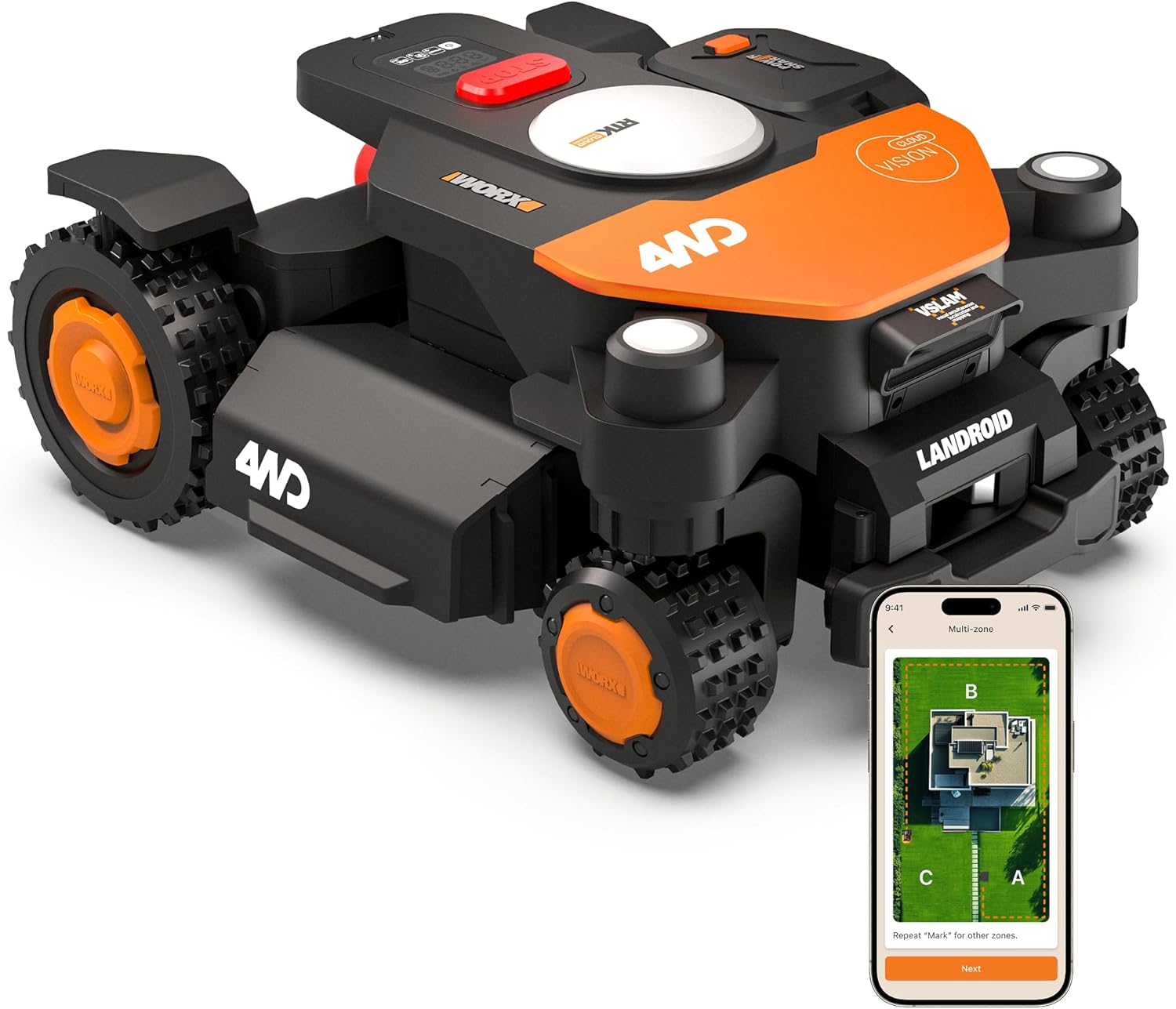 WORX Landroid Vision Cloud WR340E 4WD Mähroboter ohne Begrenzungskabel für 600 m² (KI-Hinderniserkennung, VSLAM+ RTK Cloud Navigation, 84% Steigung, Auto-Mapping, App-Steuerung)
