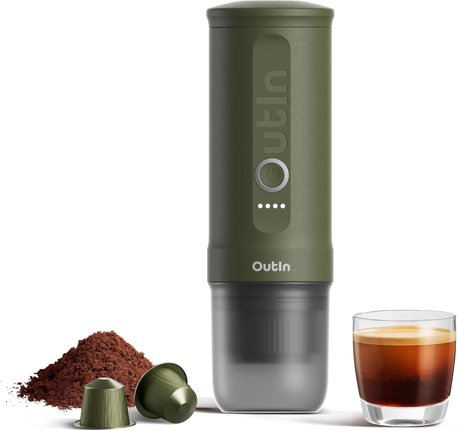 OutIn Nano Draagbare Espressomachine met Batterij, voor onderweg of camping, Koffiezetapparaat to go, met elektrische zelfverwarming via USB - C, 2 in 1 voor gemalen koffie en NS - capsules