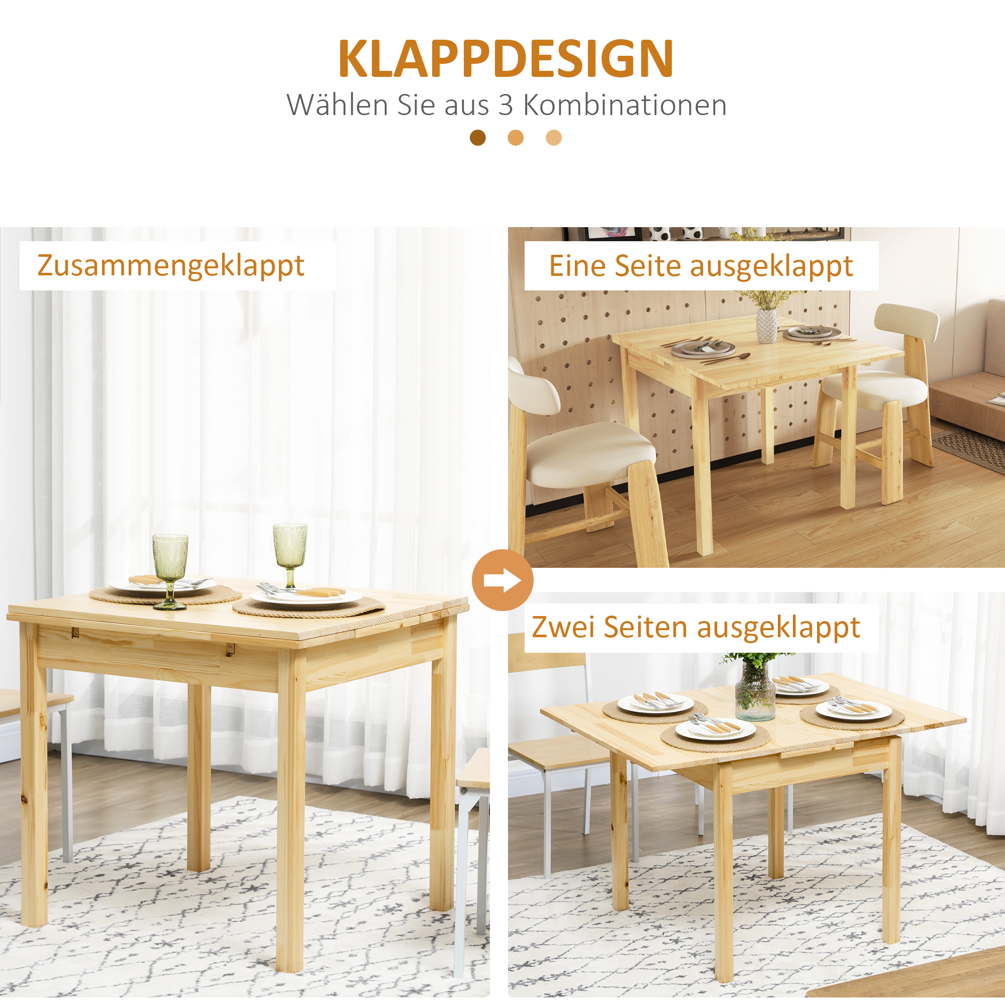 Massief houten eettafel, opklapbare tafel, uitbreidbaar, naturel