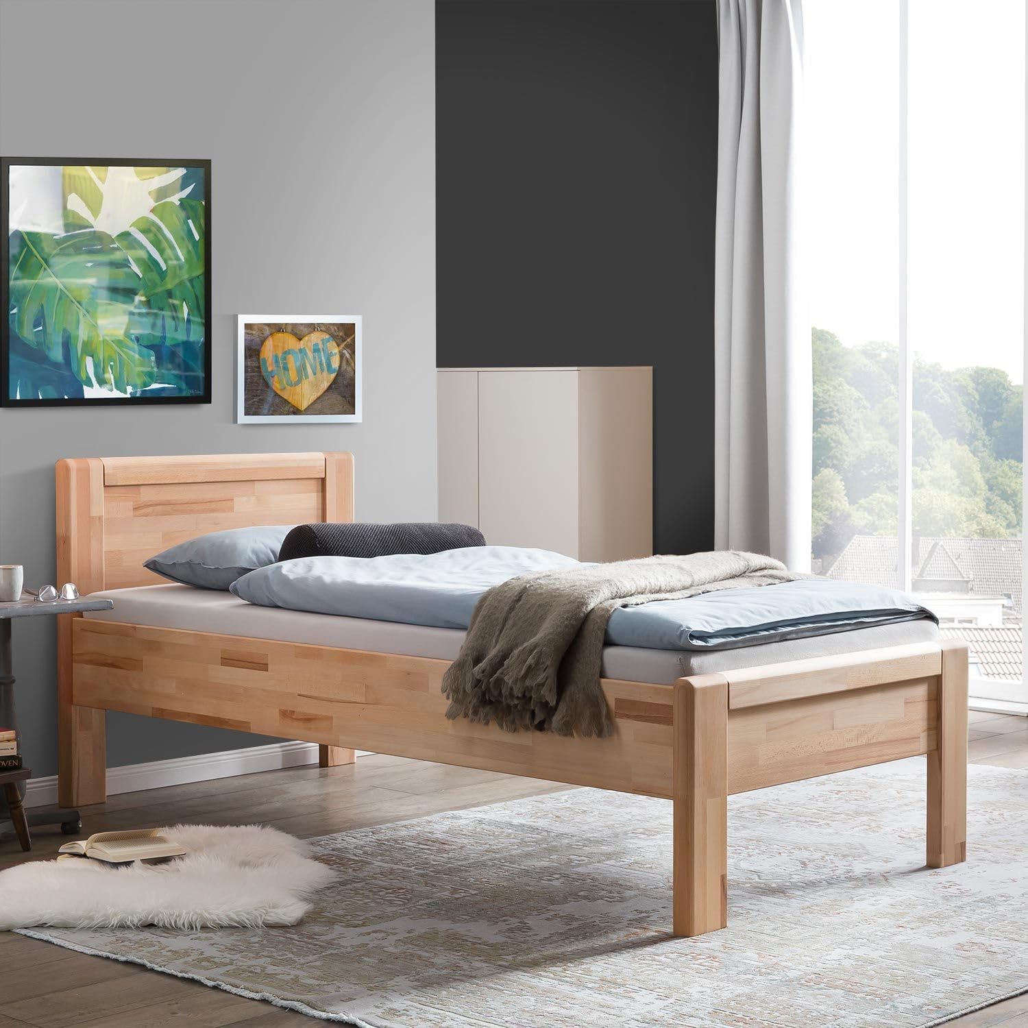 Ewen Seniorenbett Massivholz 90x200 cm Komforthöhe aus geölter Kernbuche, Natur, mit Auflageleisten, 48 cm Einstiegshöhe, Belastbarkeit: 160 kg, Bettgestell