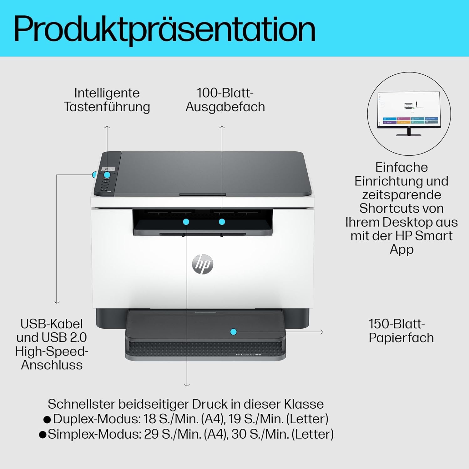 HP LaserJet MFP M235sdw Multifunktions-Laserdrucker Schwarzweiß, Drucken, Kopieren, Scannen, Automat.beidseitiger Druck, Dual-Band Wi-Fi, USB, LAN, HP Smart App, Intelligente Benutzeroberfläche