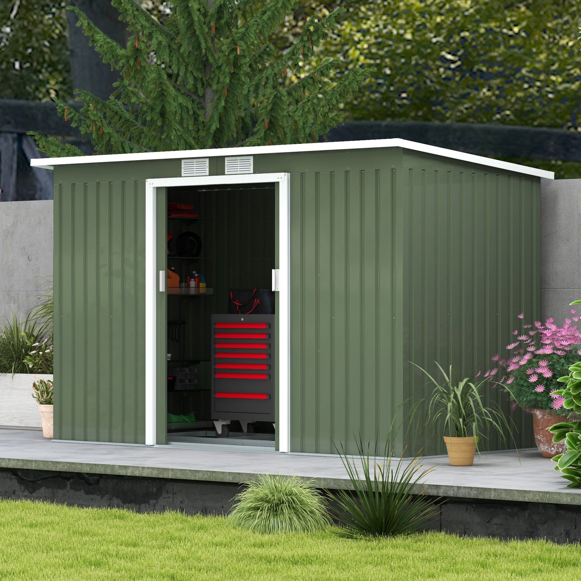 Outsunny Tuinhuis tuinhuisje met schuifdeur raam buiten staal lichtgroen