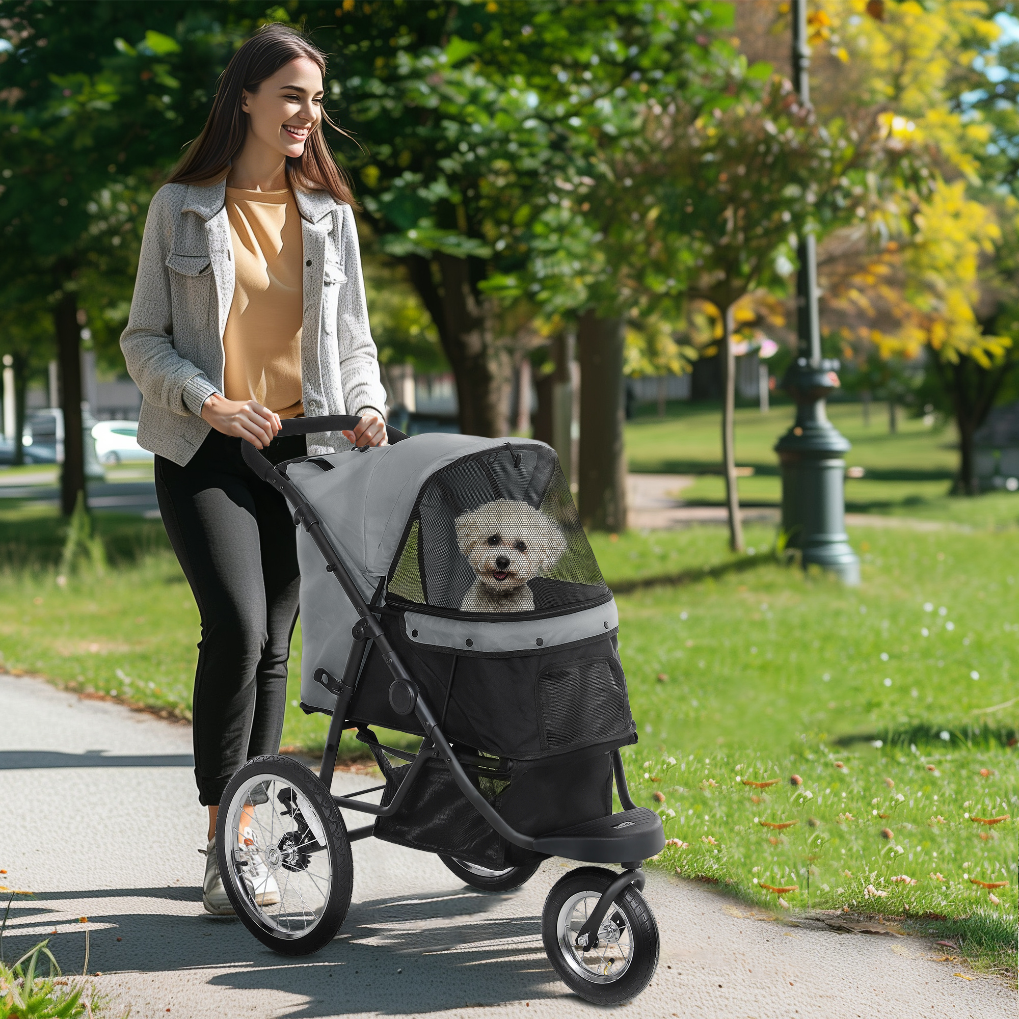 Hondenbuggy - Huisdierenwagen voor Kleine Honden en Katten, Met Opbergmand, Klikmechanisme voor Inklappen, Grijs