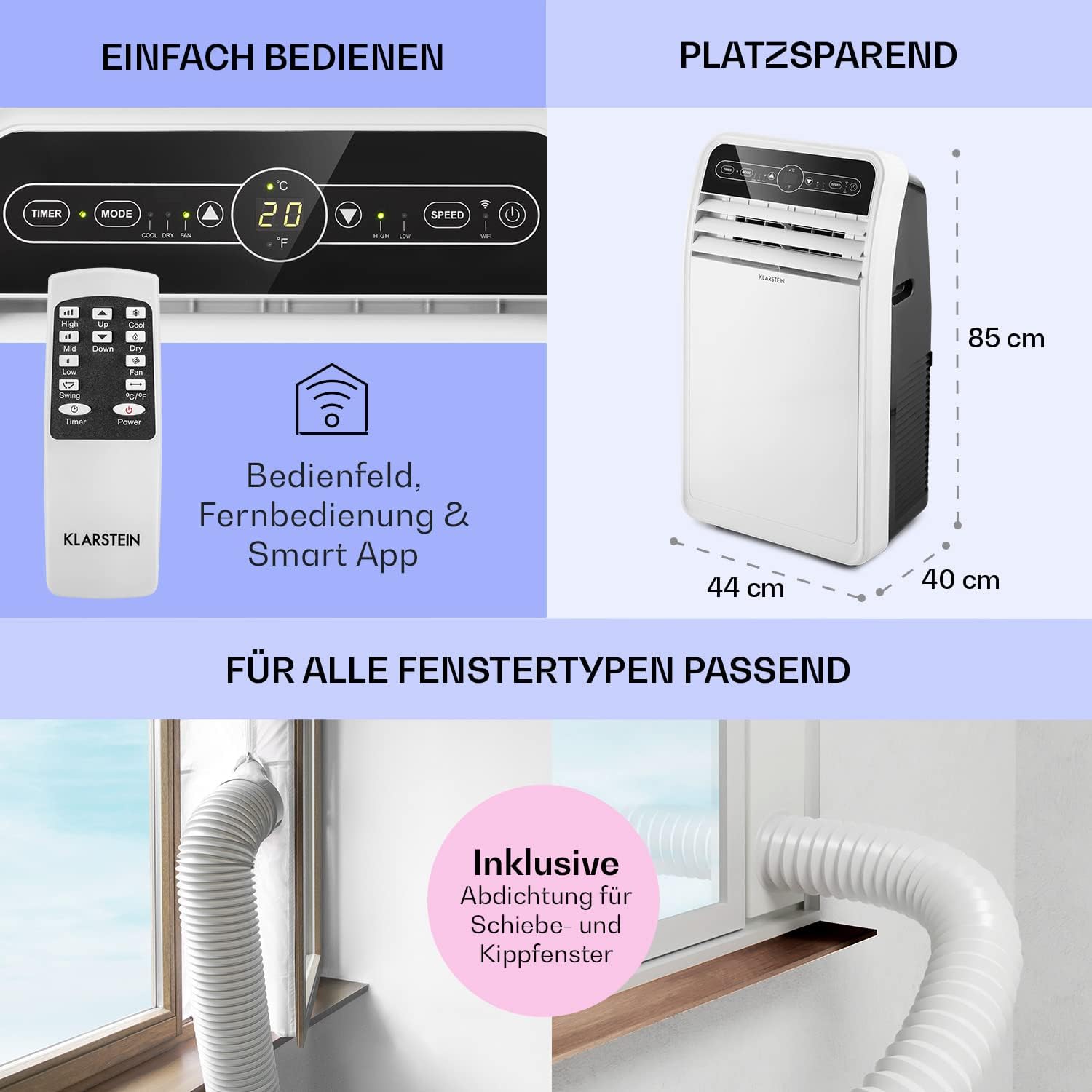 Klarstein Mobile Klimaanlage mit Abluftschlauch, 4-in-1 Klimagerät mit Ventilator, Luftentfeuchter & Nachtmodus, Kleine & Portable Klimaanlage für Wohnung & Büro, App-Steuerung, 12000 BTU