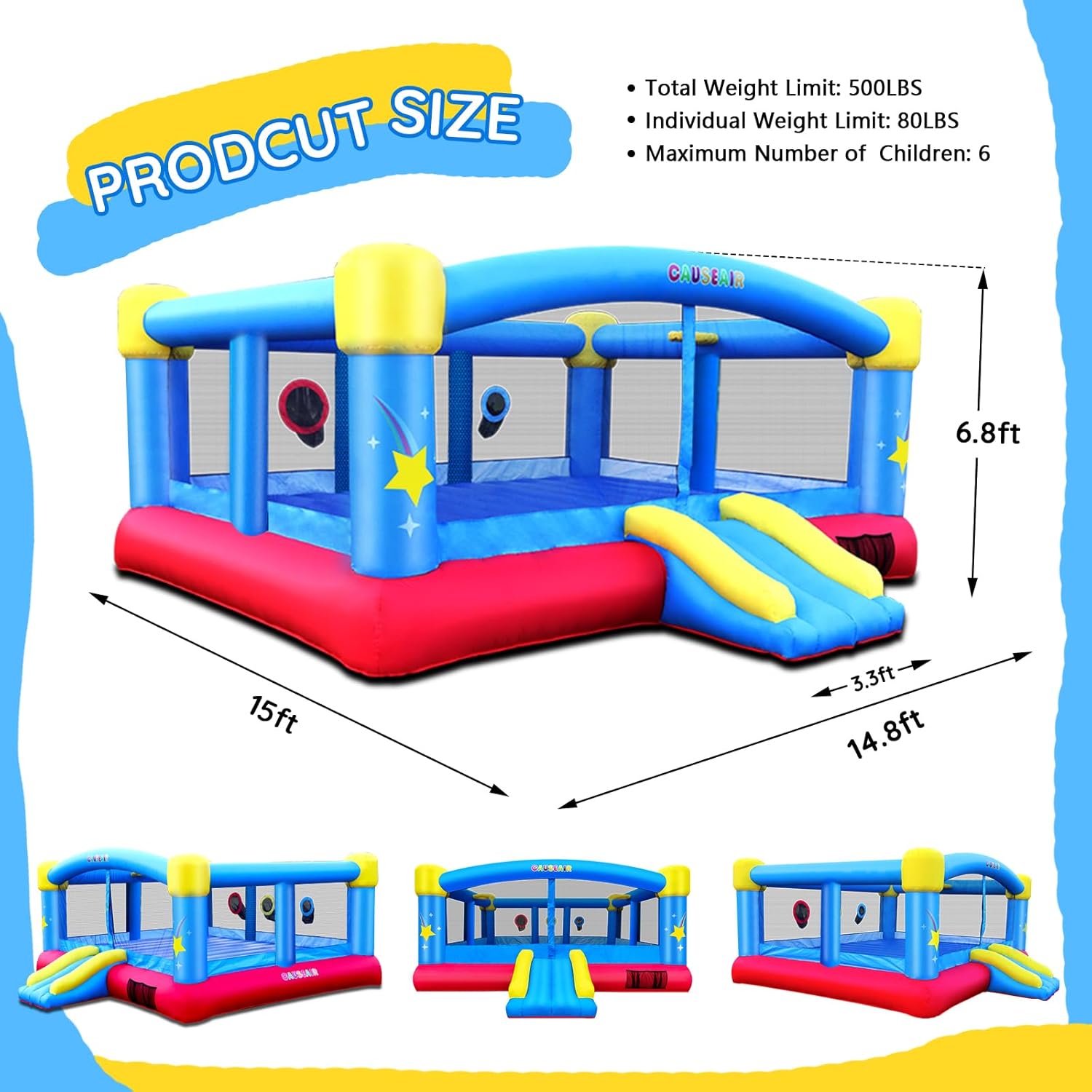 Big Inflatable Bounce House for Party Fun,15ft x 14.8ft,Double Basketball Hoop,Throw Ball Game,Reinforced PVC Bounce Floor,Jumping Bouncy Castle Holds 6 Kids