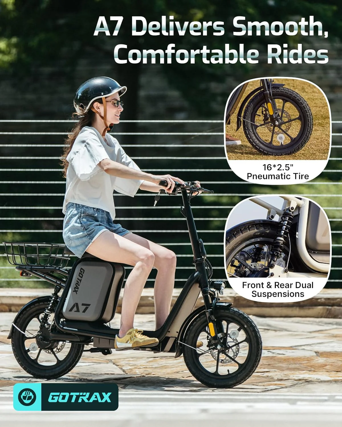 Gotrax adult electric scooter with seat, maximum range of 19-25 miles, all-terrain tires, wide pedals, padded seat, and carrycot