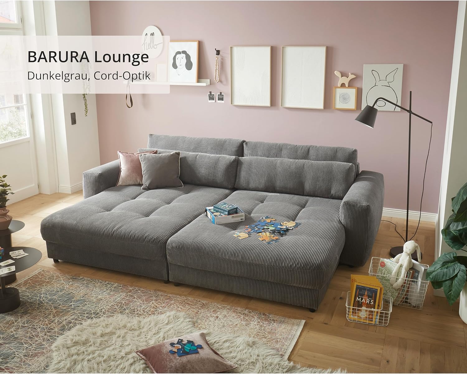 Big Sofa BARURA Cord dunkelgrau – XXL Couch mit großer Liegefläche, modernes Sofa 292x194 cm inklusive Nierenkissen