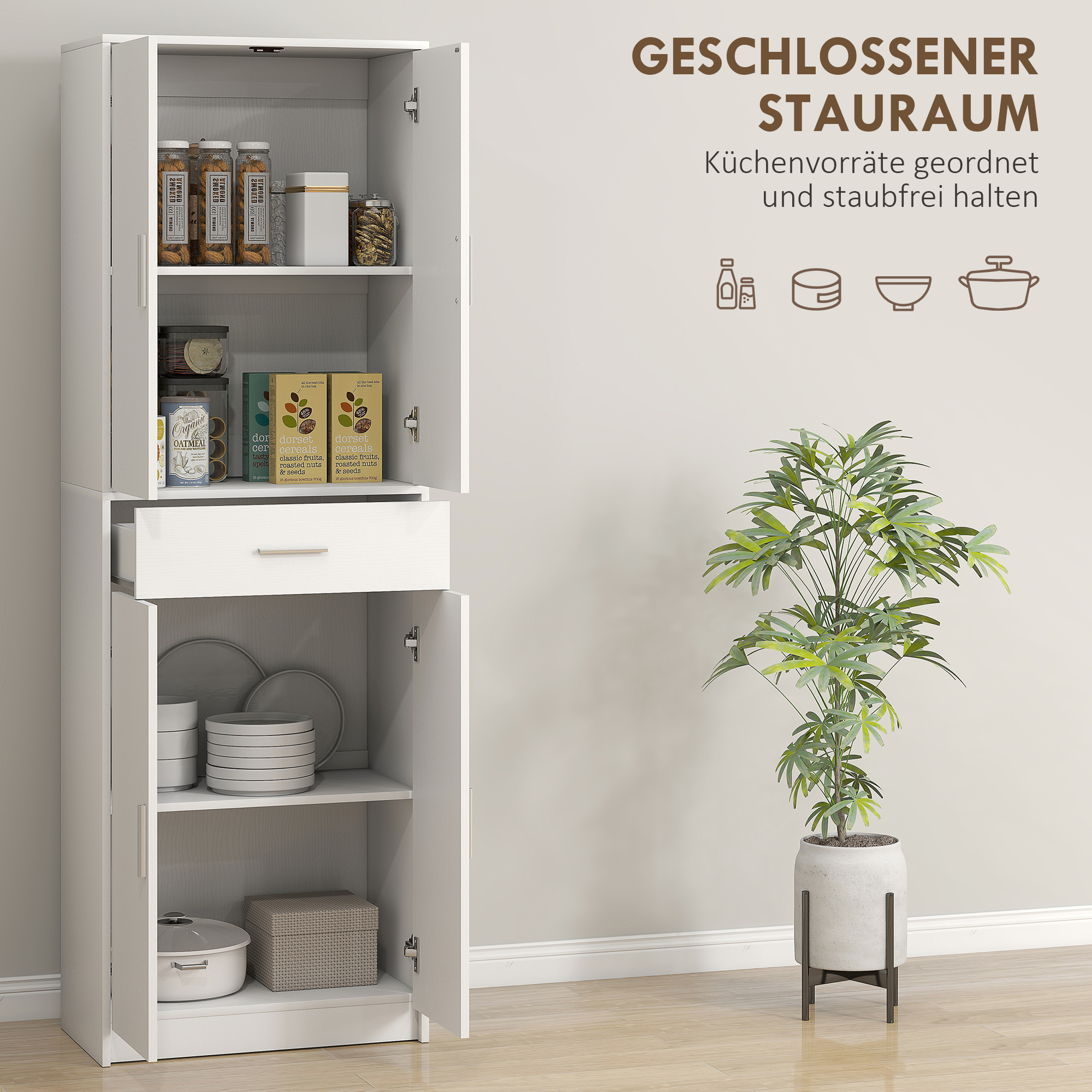 HOMCOM Keukenkast, 3-traps verstelbare planken, Spaanplaat, MDF, veel opbergruimte, Wit