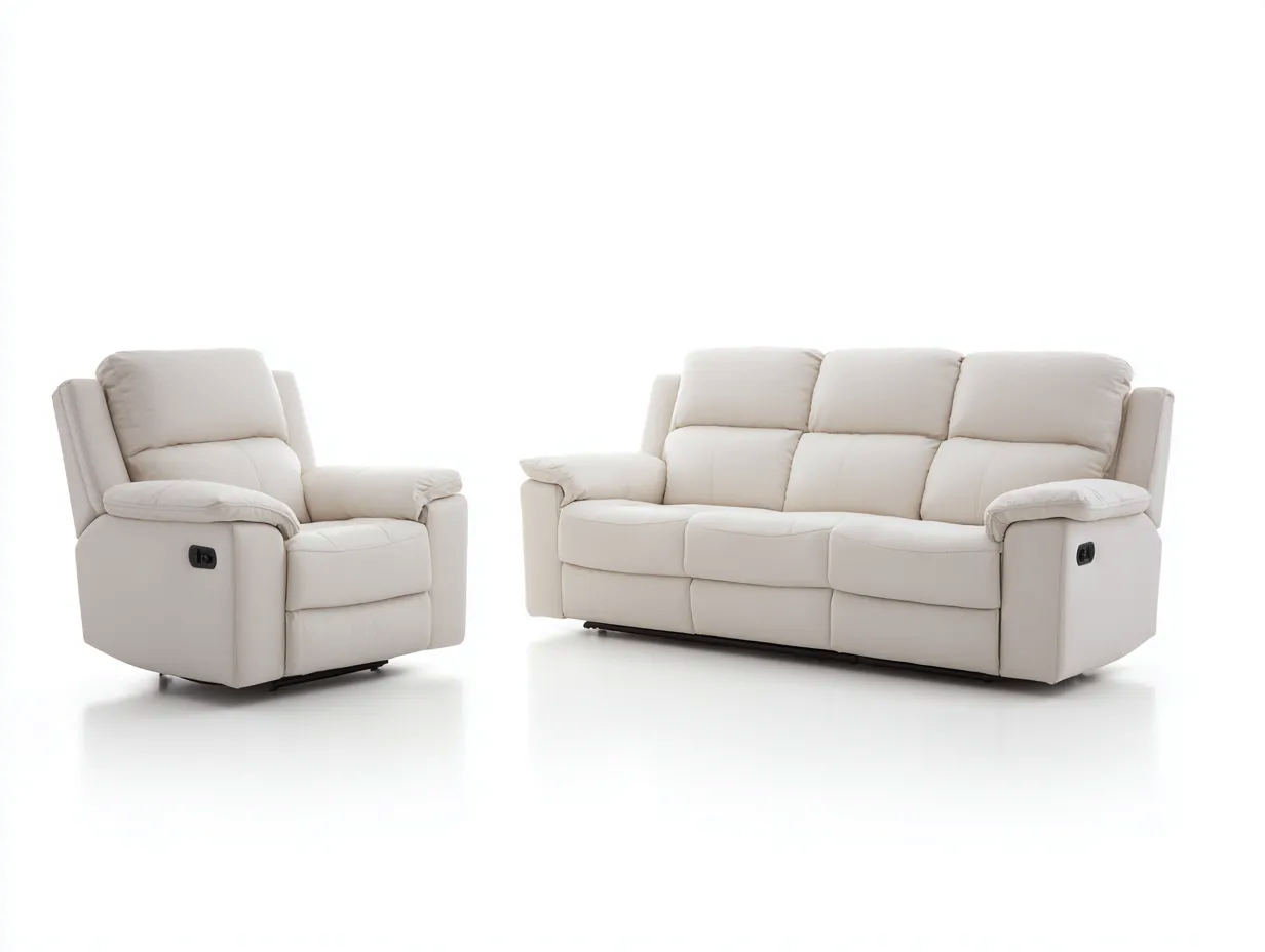 Relaxsofa Sets-Leder-Metall-Holz-200x99x103 cm-creme-modernes Design