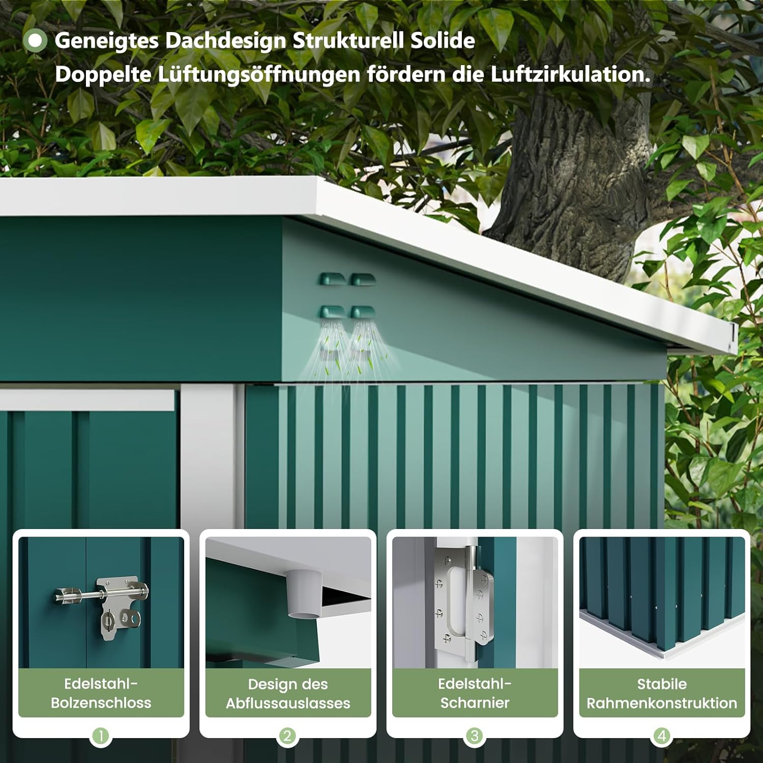 UDPATIO Gartenhaus Metall 260 x 176 x 190 cm mit Fenster, abschließbarer Tür und Belüftung, Fahrradgarage mit Pultdach, Geräteschuppen für Werkzeuge, Ausrüstung, Wasserdicht, Verzinkter Stahl, Grün