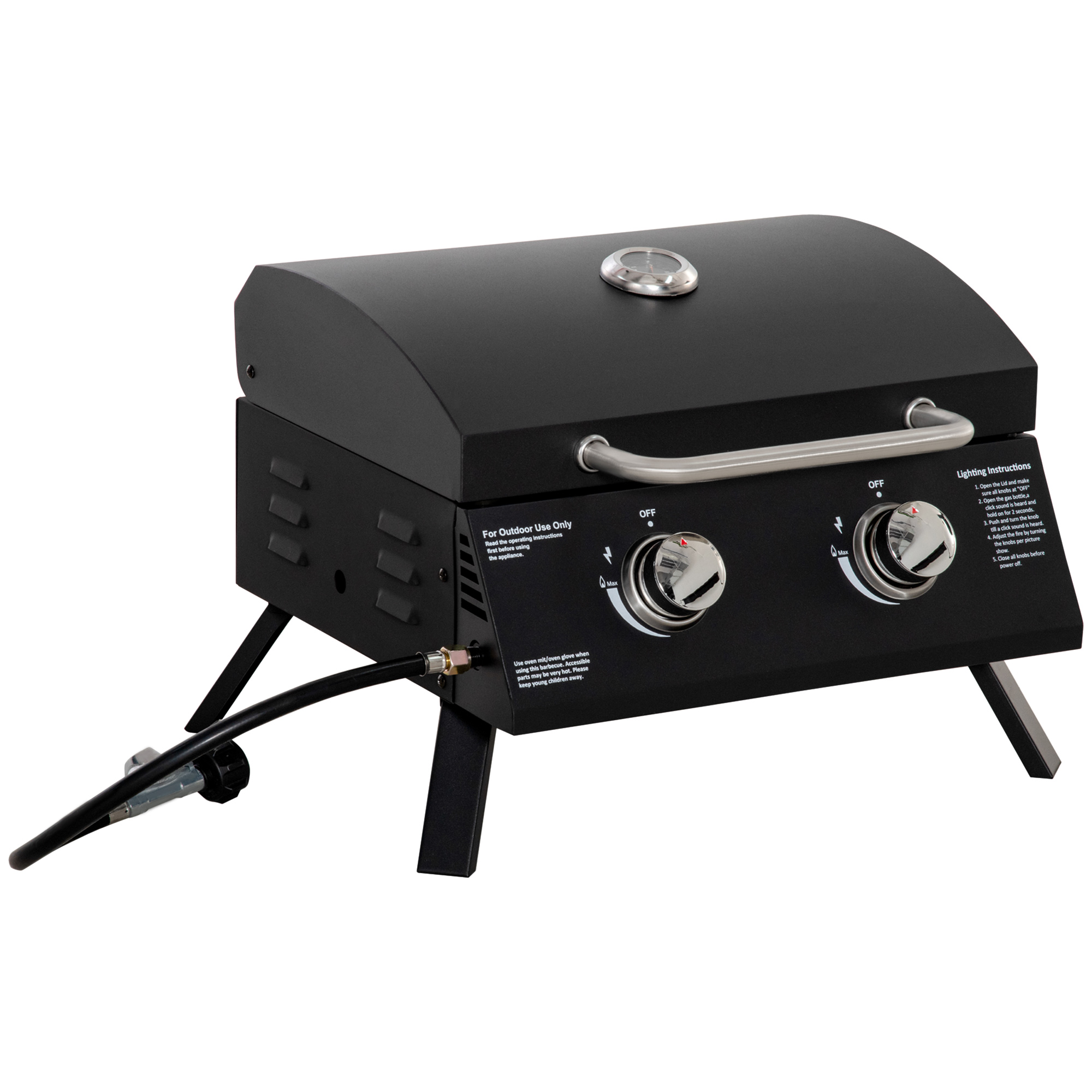 Outsunny tafelgrill gasgrill BBQ met 2 branders mobiele grillwagen grillnet klein buitentafel gasgrill picknick met reduceerslang RVS zwart 55 x 46.5 x 41 cm