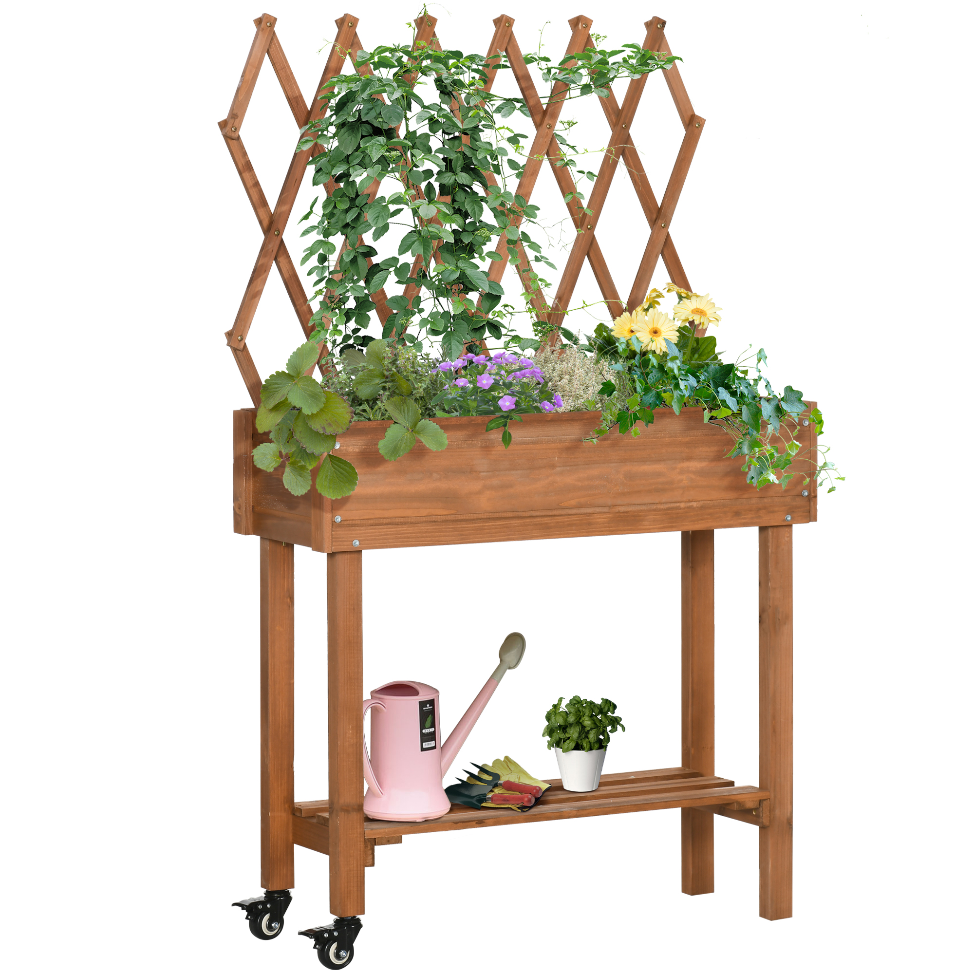 Outsunny Buitenzonnig verhoogd bed met traliewerk bloembak met plank, wielen voor balkonhout