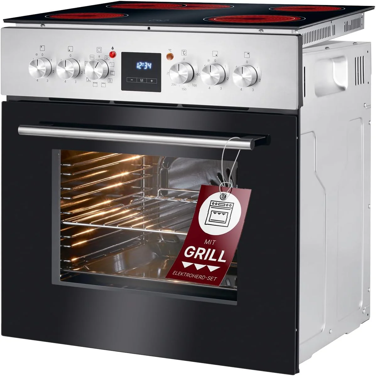 Bomann Elektroherd-Set | Einbauherd mit Ceranfeld | Kochfeld mit 4 Kochzonen | Einbaubackofen mit 56l Nutzinhalt | 9 Backofen Funktionen | Glaskeramik-Kochfeld mit Br?terzone | EHBC 7936 IX