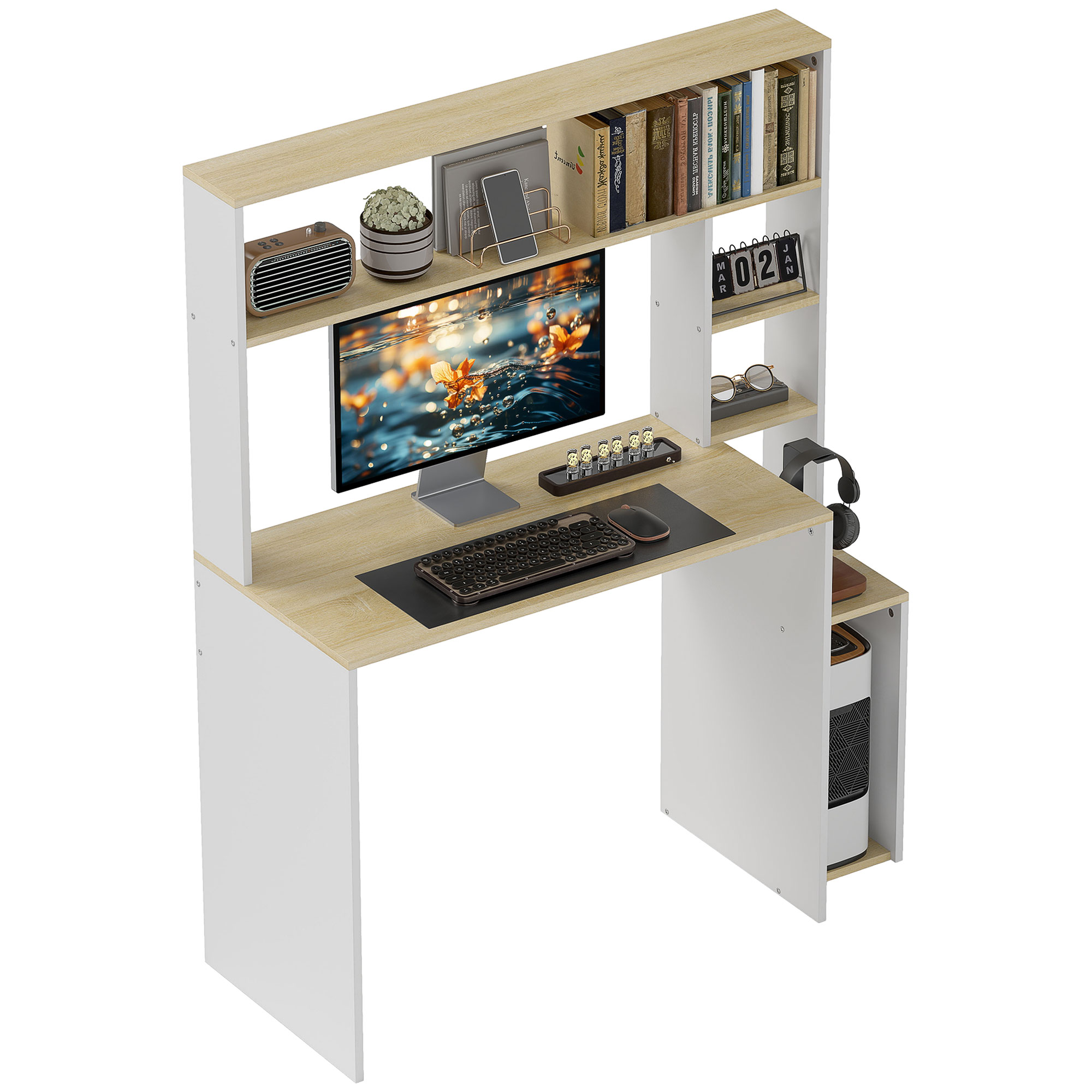 Computerbureau, Bureau met Open Rekken en Planken, van Staal, Lichtbruin+Wit