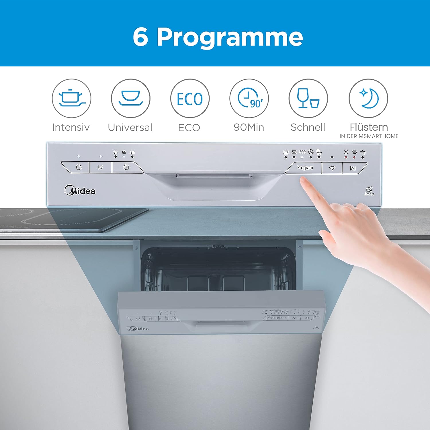 Midea Geschirrspüler Unterbau MDWEU1435XSS-W, 14 Maßgedecke, Spülmaschine 60 cm Teilintegrierbar mit WIFI, Extra Trocknung, 7 Programme, 47dB, 0-24h Startzeitverzögerung, Inox