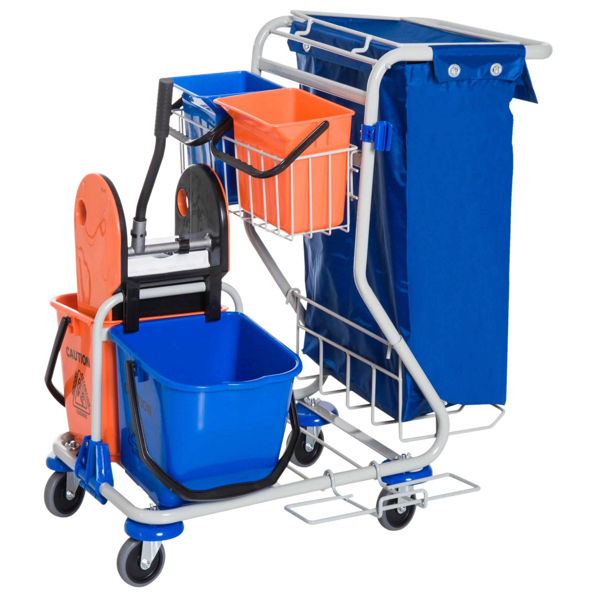 Schoonmaakwagen schoonmaaktrolley met wielen 4 verrijdbare emmers, dweilwagen, blauwe systeemwagen