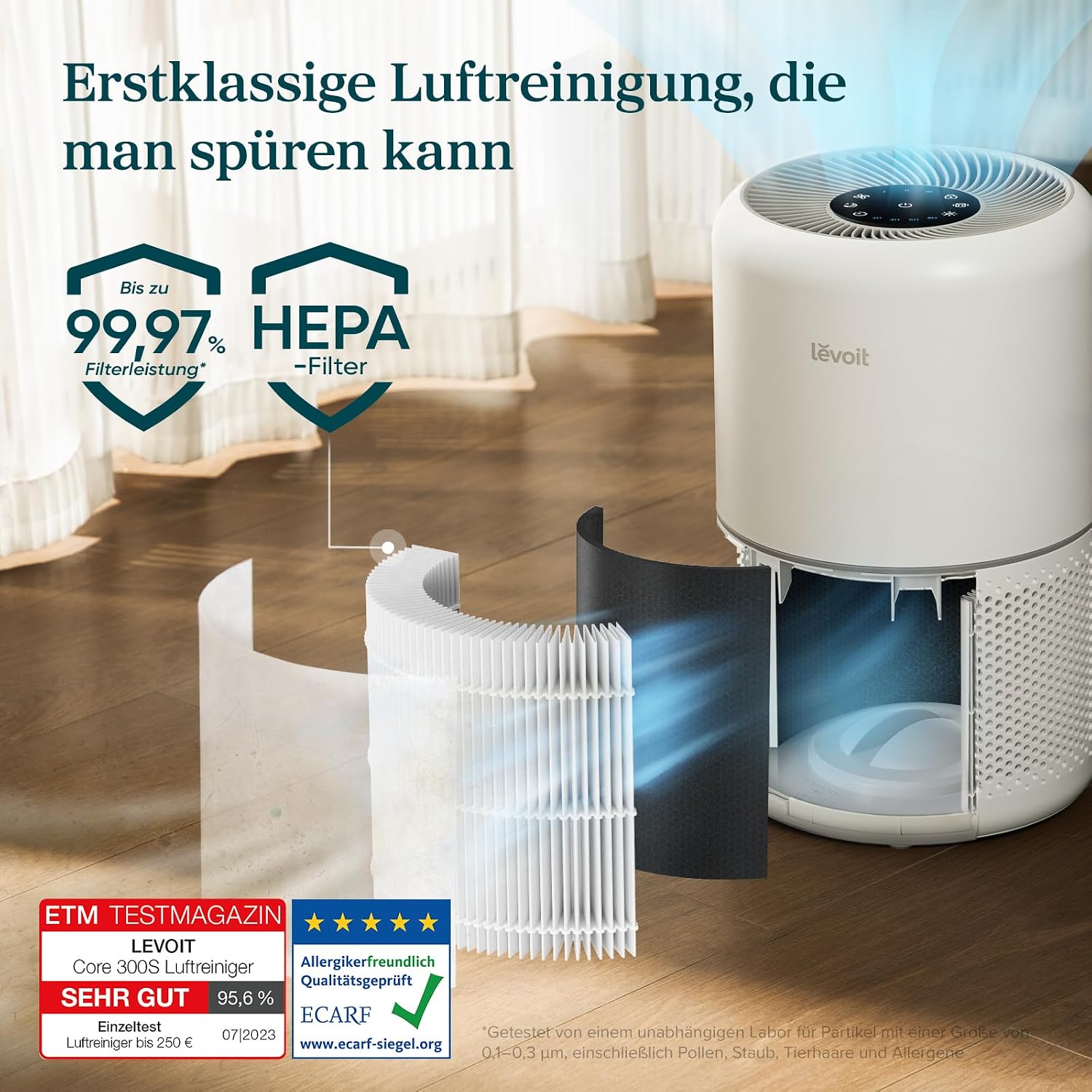 Levoit Luftreiniger mit HEPA Luftfilter gegen 99,97 Prozent Schimmel Staub Pollen Tierhaare, Luftqualitäts-Feedback und Auto-Modus, CADR 240m³/h für Raucherzimmer, bis zu 50m², Weiß