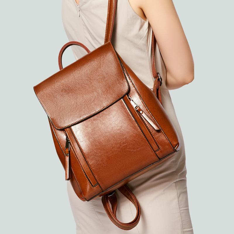 Double Zipper Top Grain Leather Backpack for Women Female Lether Designer Backpack Stylish School Backpack Shoulder Bags