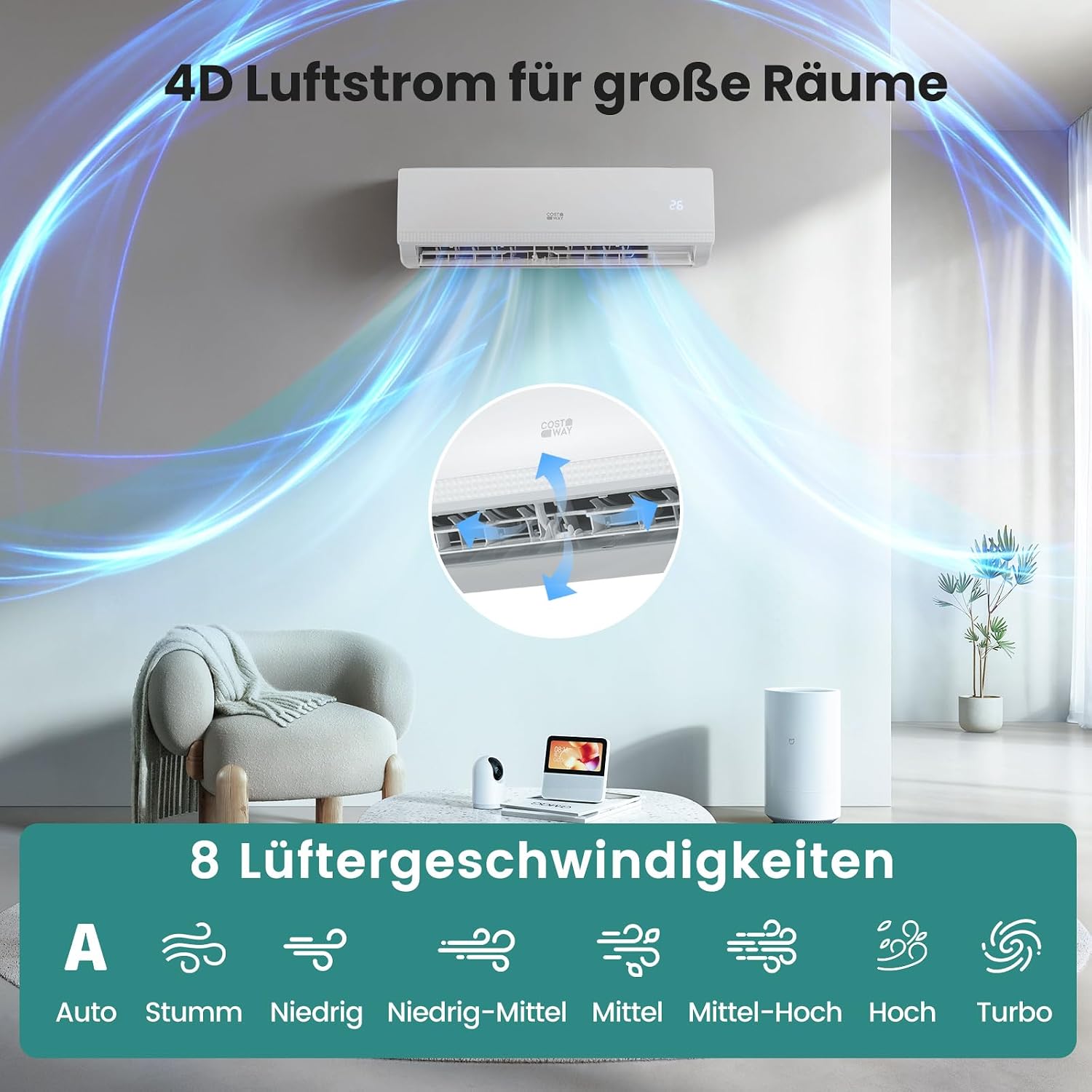 COSTWAY 9000BTU Split Klimaanlage, Klimageräte mit Heizfunktion 2,6kW, Air Conditioner Wandhalterung inkl. Kupferleitung, Kältemittel R32, sehr leise für Räume bis zu 42m³