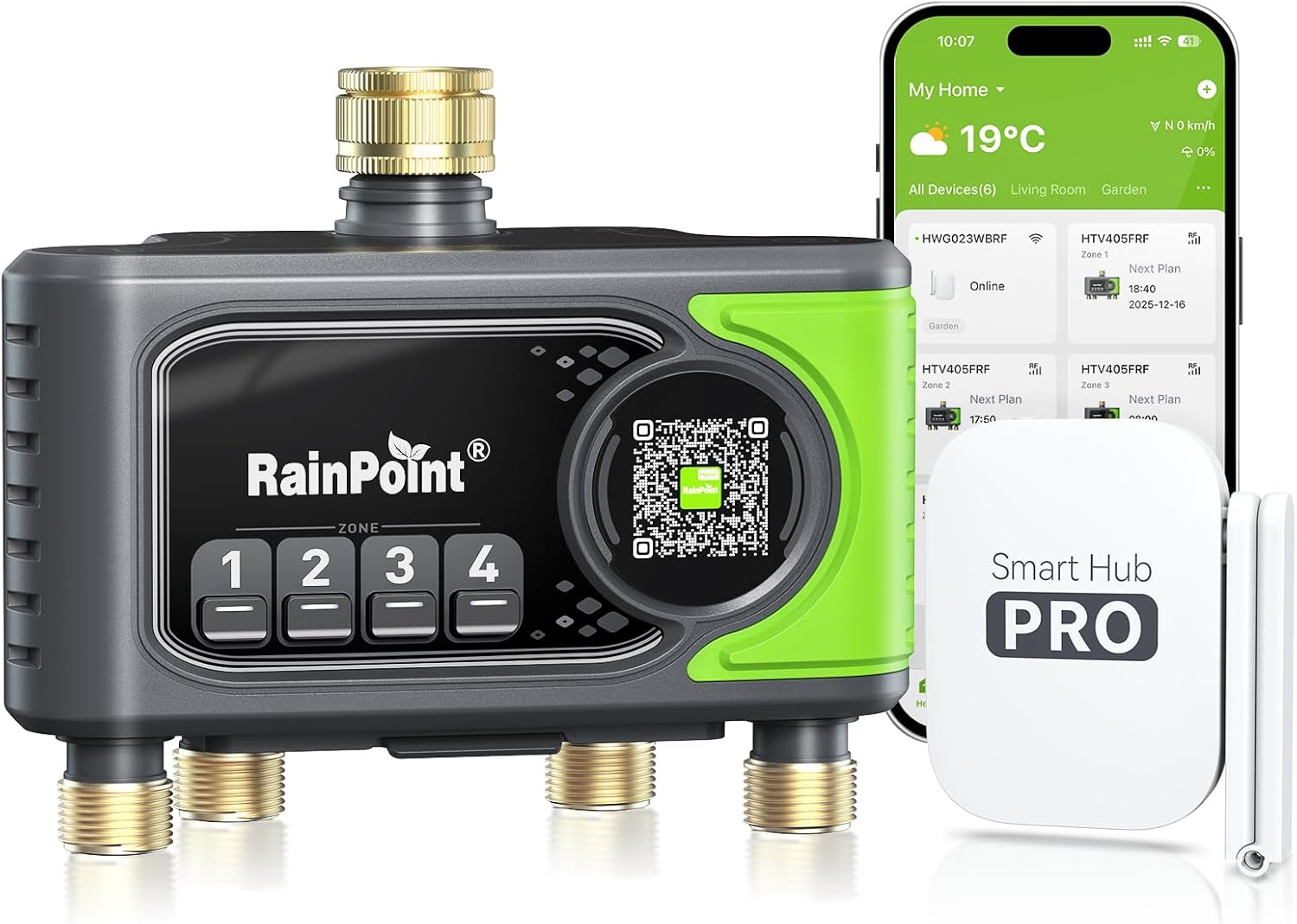 RAINPOINT Bewässerungscomputer WLAN mit 4 Ausgängen, Messing Ein- und Ausgang, Bewässerungsuhr 4 Zonen mit wetter- & bodenbasierter Steuerung, App- & Sprachsteuerung für Garten und Rasen