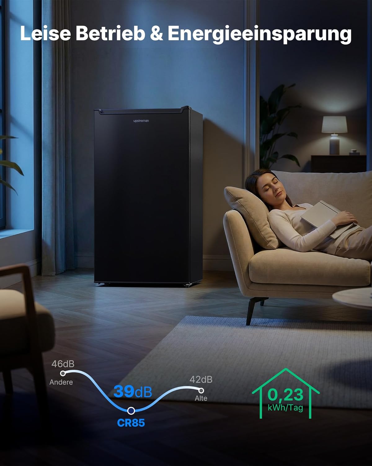 Upstreman 85L Kühlschrank Ohne Gefrierfach, 0-12°C 5-stufige Temperaturregelung, LED-Beleuchtung, 39 dB Leise, Energiesparender Vollraumkühlschrank für Schlafzimmer Büro Küche, CR85-Schwarz